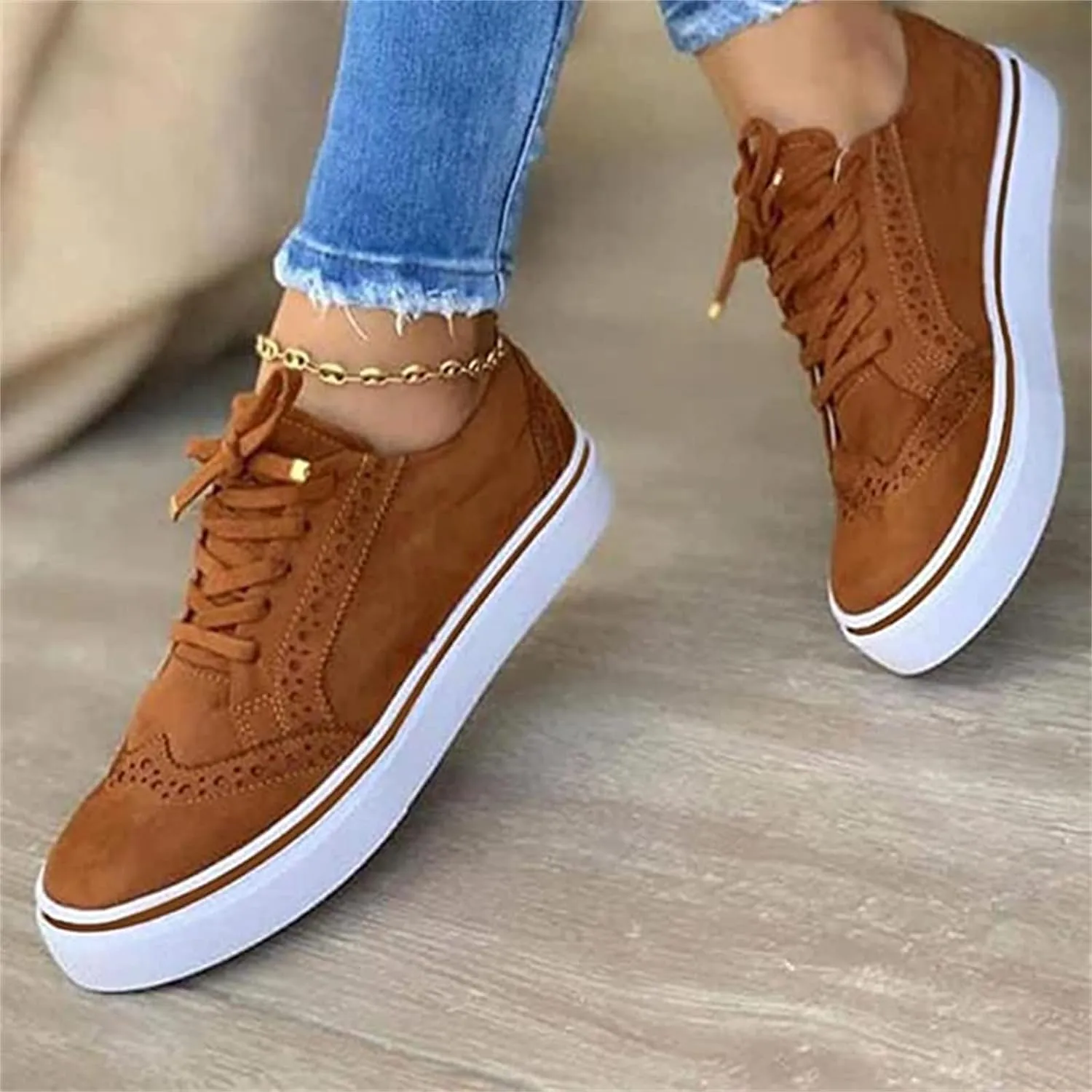 Ladies' Brown Lace-Up Sneakers for Women - Trendy Casual Shoes