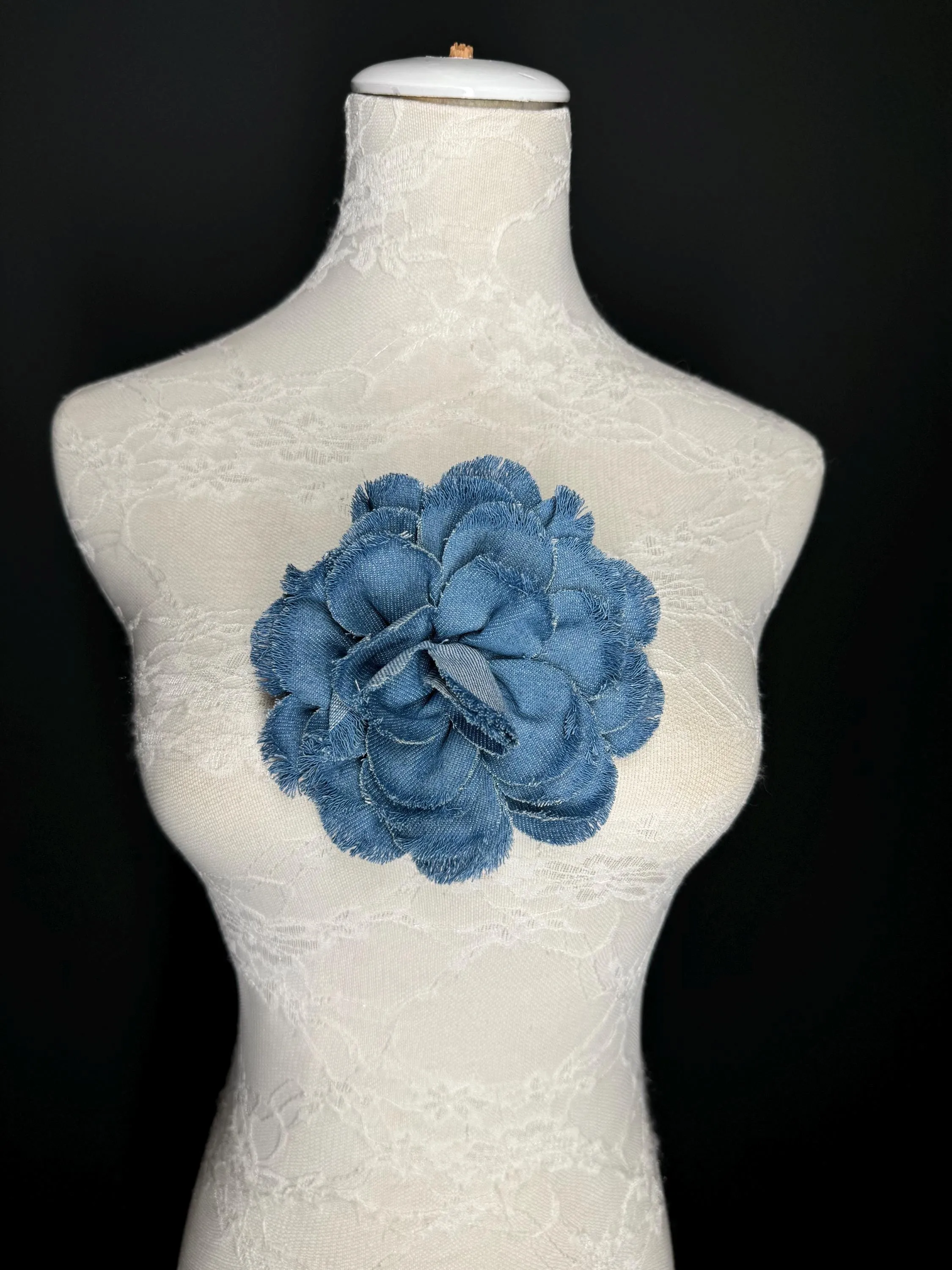 Large Corsage Flower, Layered Denim Fabric, 6” Wide, 15cm 3D Large Pin on Corsage, Clothing, Fashion, Hat, Accessory, Bags, Gift, FAN Design