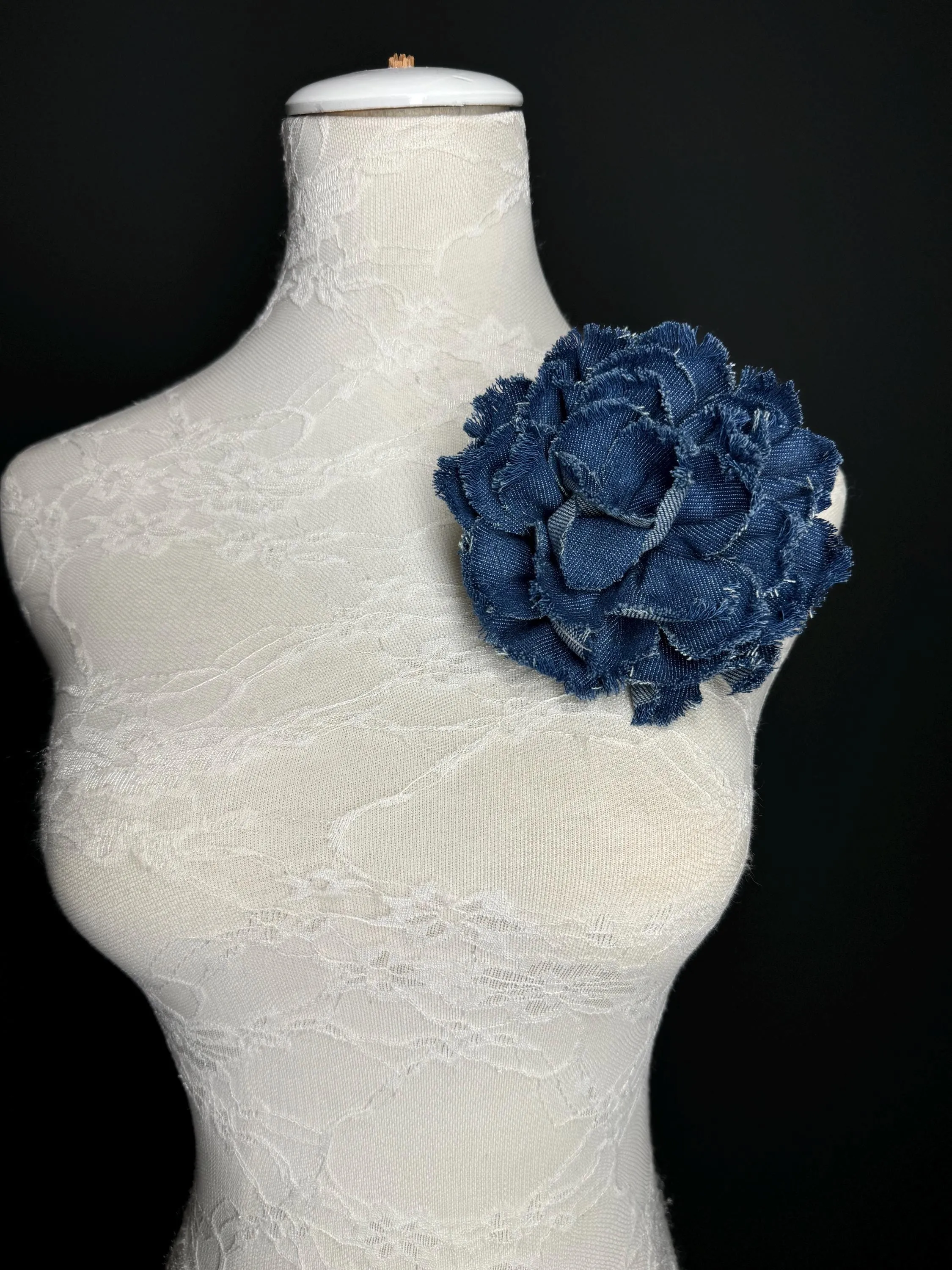 Large Corsage Flower, Layered Denim Fabric, 6” Wide, 15cm 3D Large Pin on Corsage, Clothing, Fashion, Hat, Accessory, Bags, Gift, FAN Design