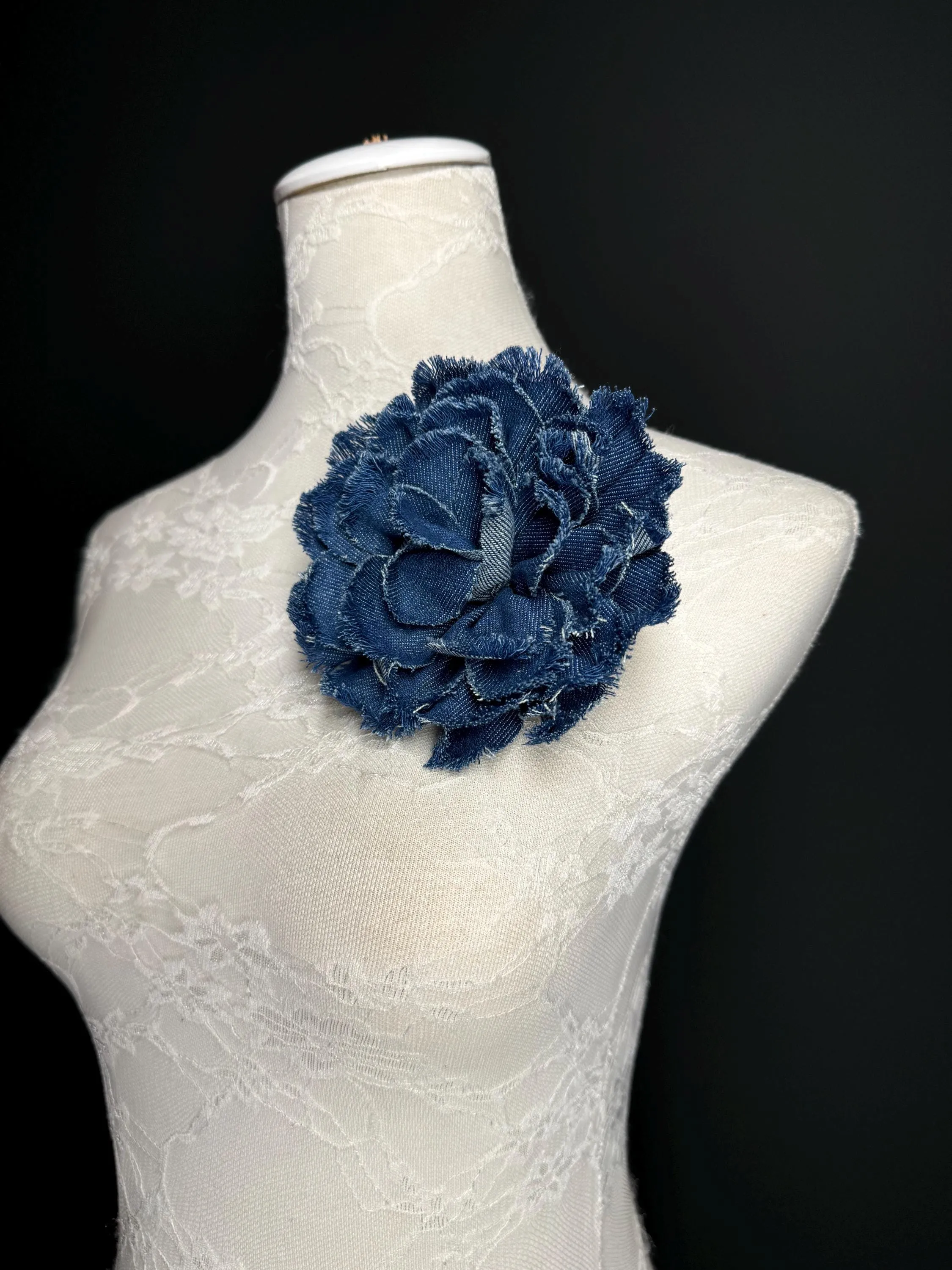 Large Corsage Flower, Layered Denim Fabric, 6” Wide, 15cm 3D Large Pin on Corsage, Clothing, Fashion, Hat, Accessory, Bags, Gift, FAN Design