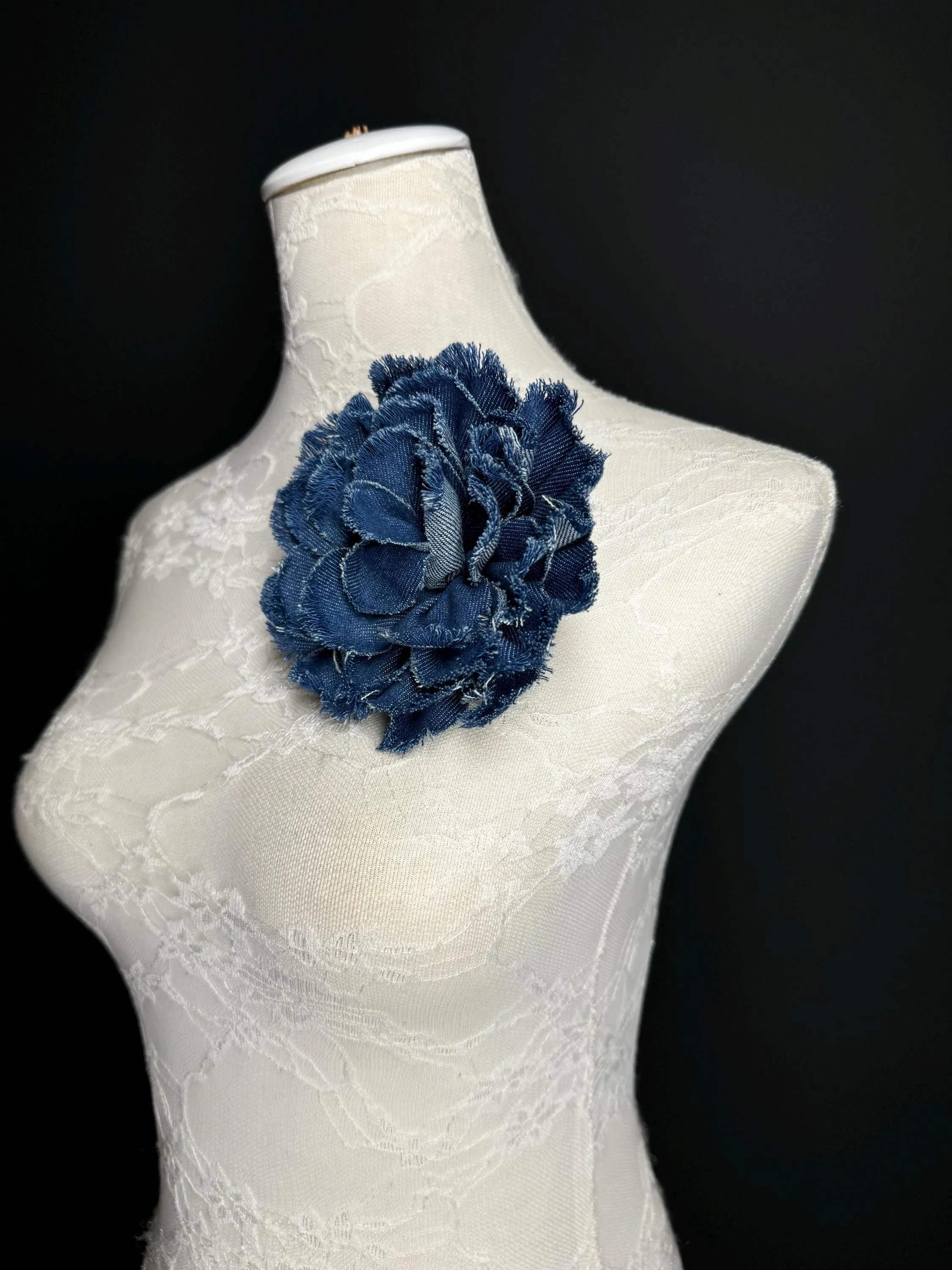 Large Corsage Flower, Layered Denim Fabric, 6” Wide, 15cm 3D Large Pin on Corsage, Clothing, Fashion, Hat, Accessory, Bags, Gift, FAN Design