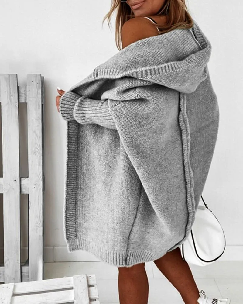 Open Front Batwing Sleeve Knit Hooded Cardigan