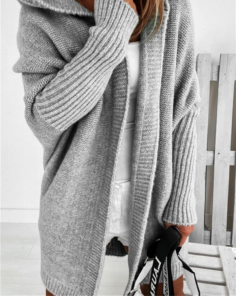 Open Front Batwing Sleeve Knit Hooded Cardigan