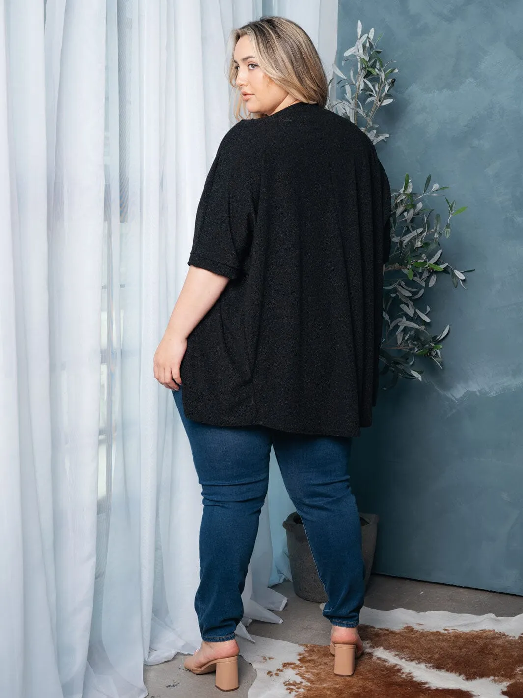 PLUS SIZE SHORT SLEEVE OPEN FRONT SHIMMER CARDIGAN