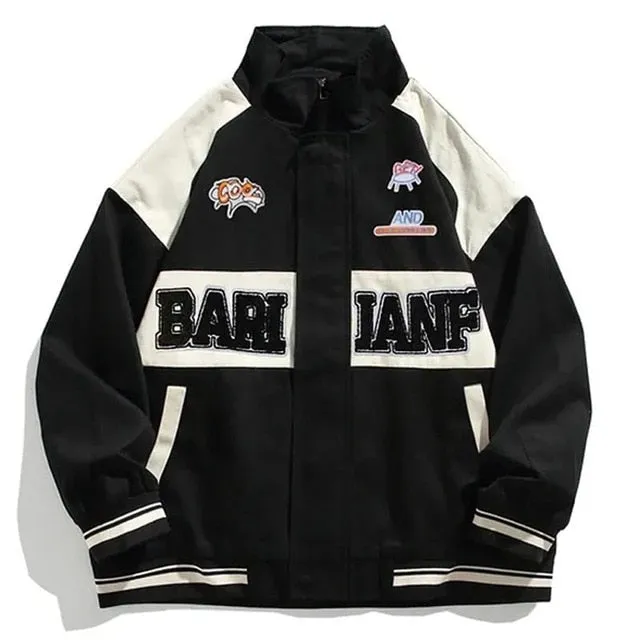 Retro Varsity Jacket Men Vintage Letter Print Baseball Patchwork