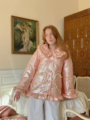 Ruffle Oversized Raincoat in Metallic Pink