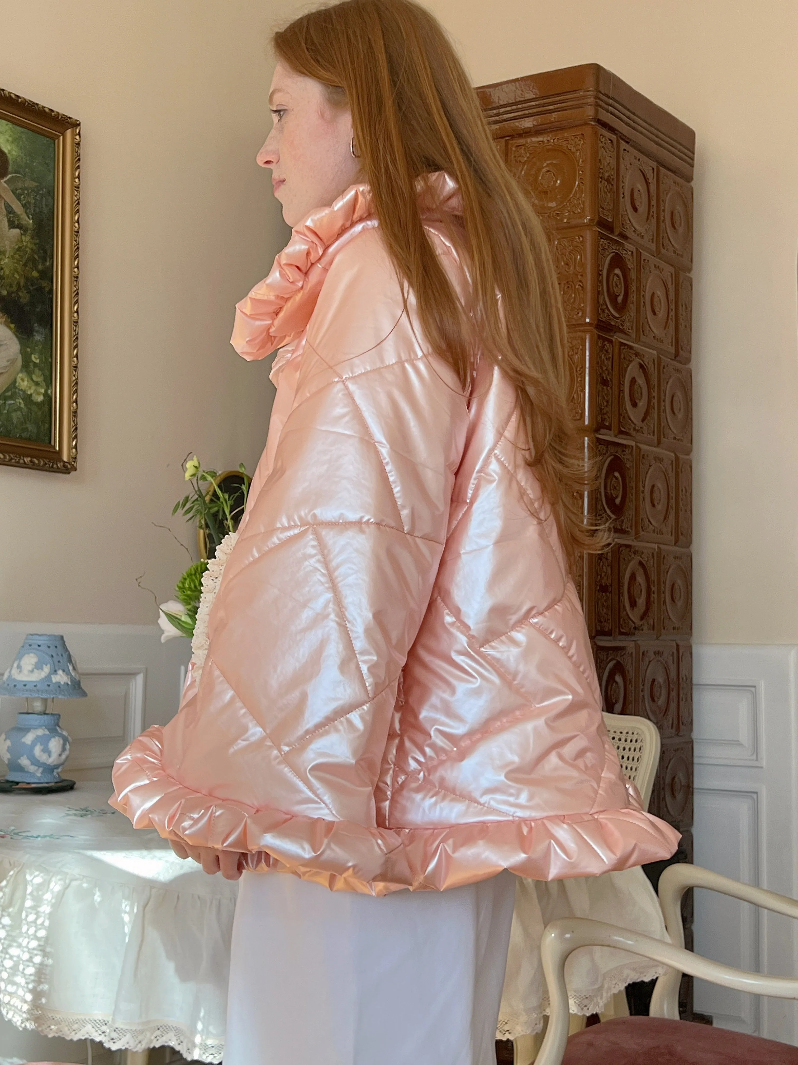 Ruffle Oversized Raincoat in Metallic Pink