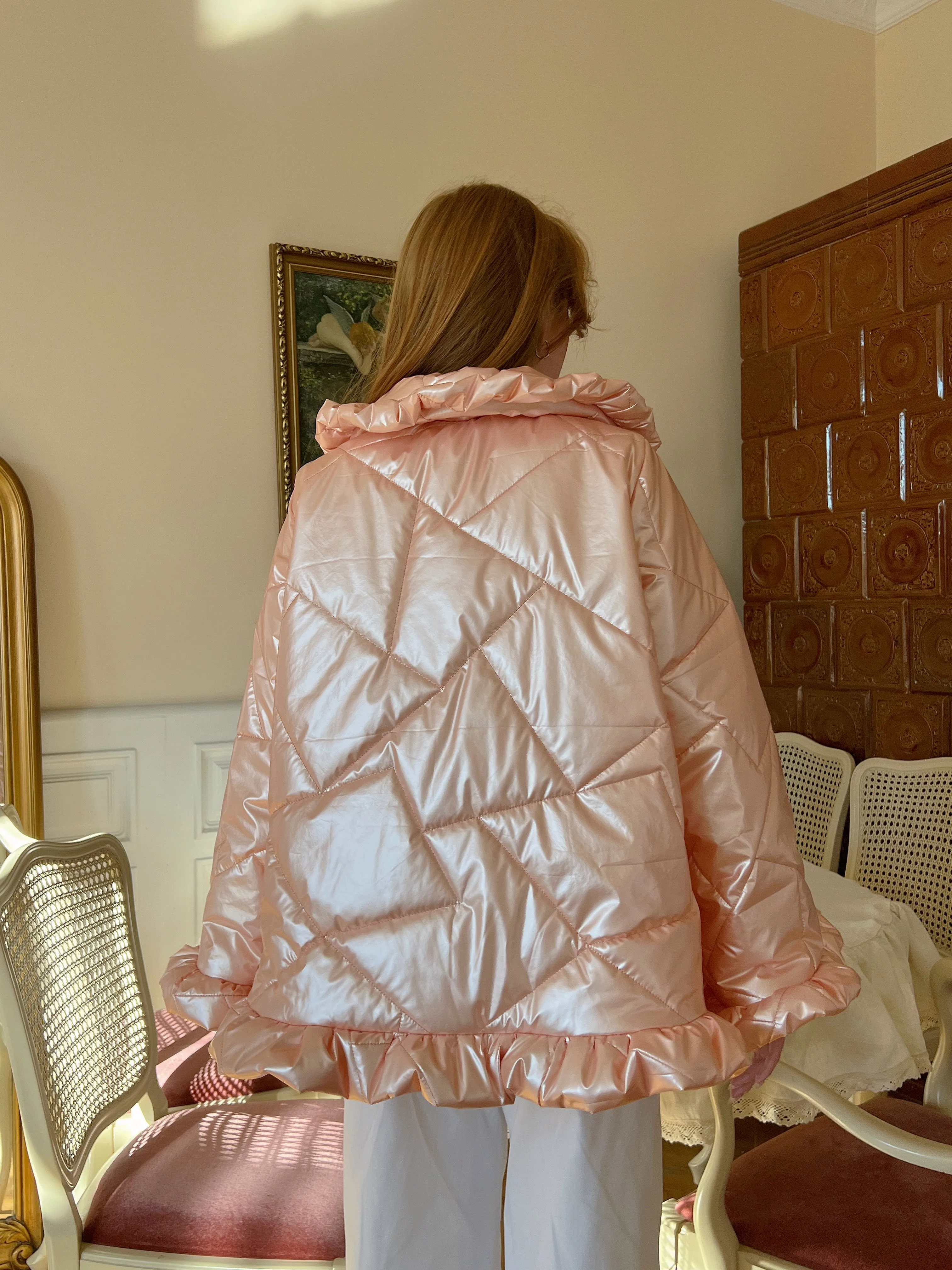 Ruffle Oversized Raincoat in Metallic Pink