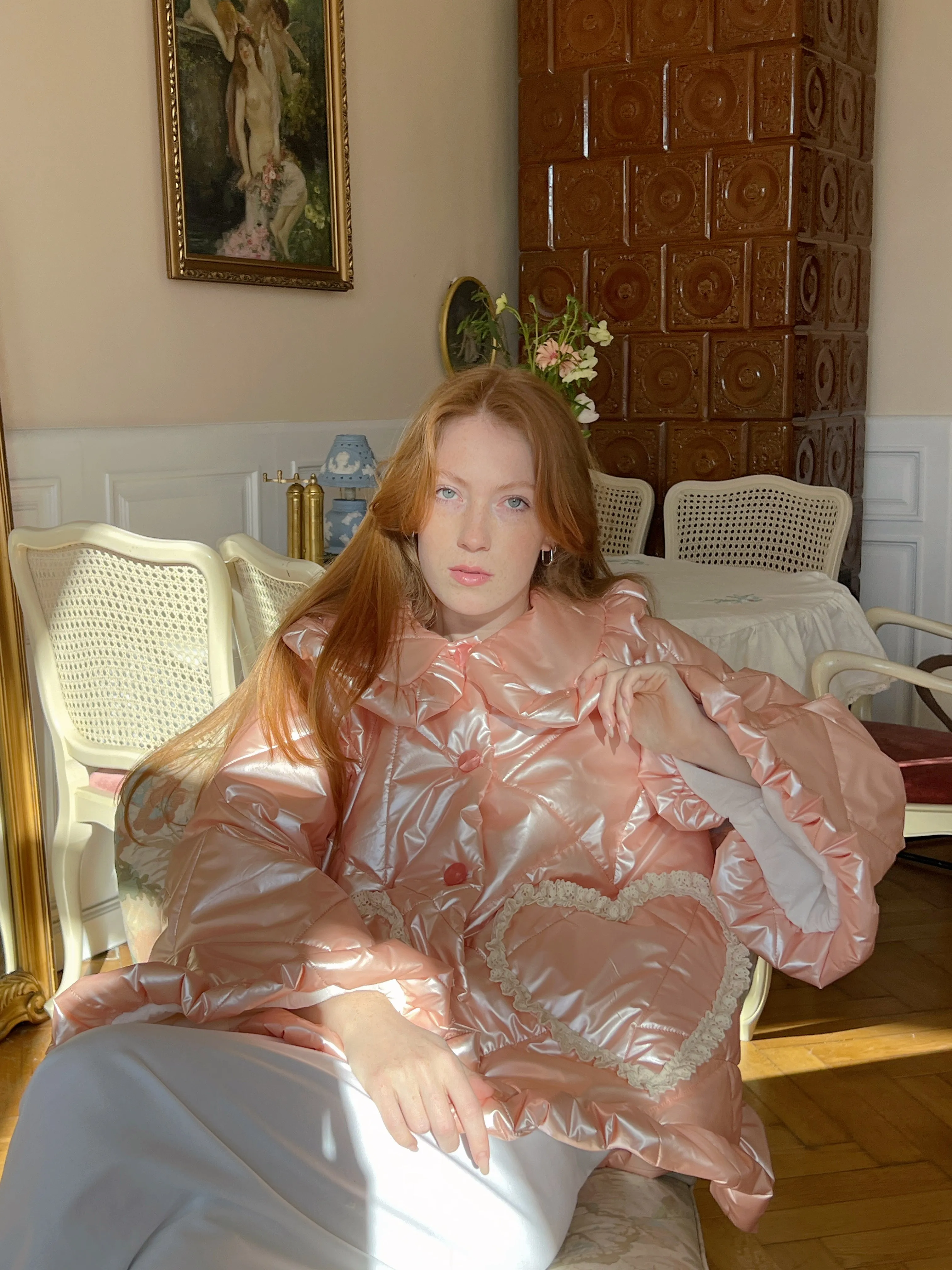Ruffle Oversized Raincoat in Metallic Pink