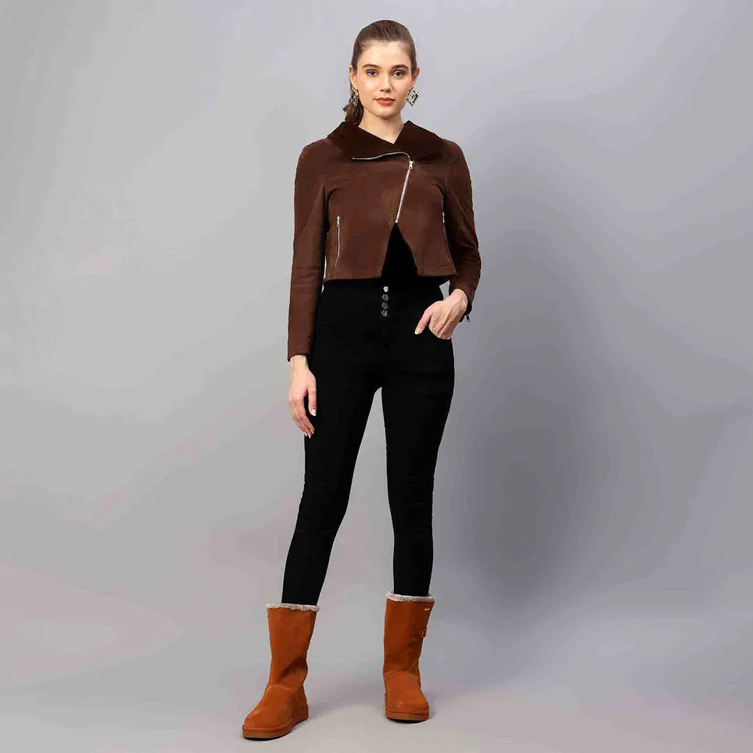 Saint Rebecca Women Brown Leather Spread Collar Jackets