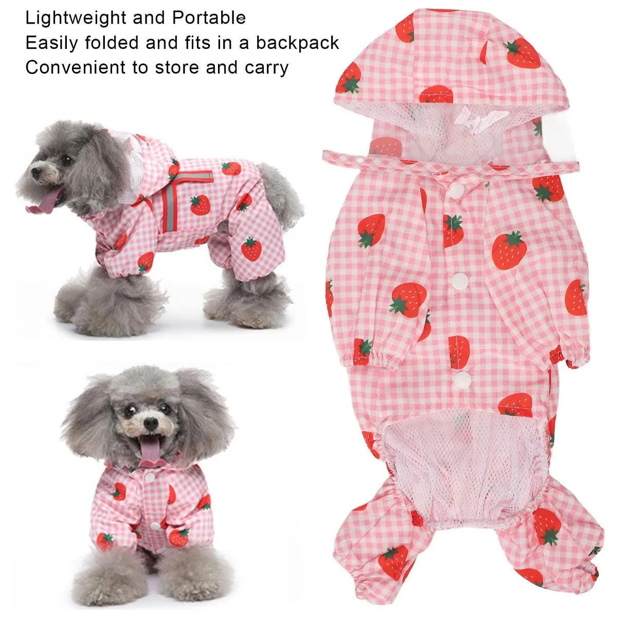 Strawberry Plaid Dog Raincoat Waterproof Pet Jacket with Hood