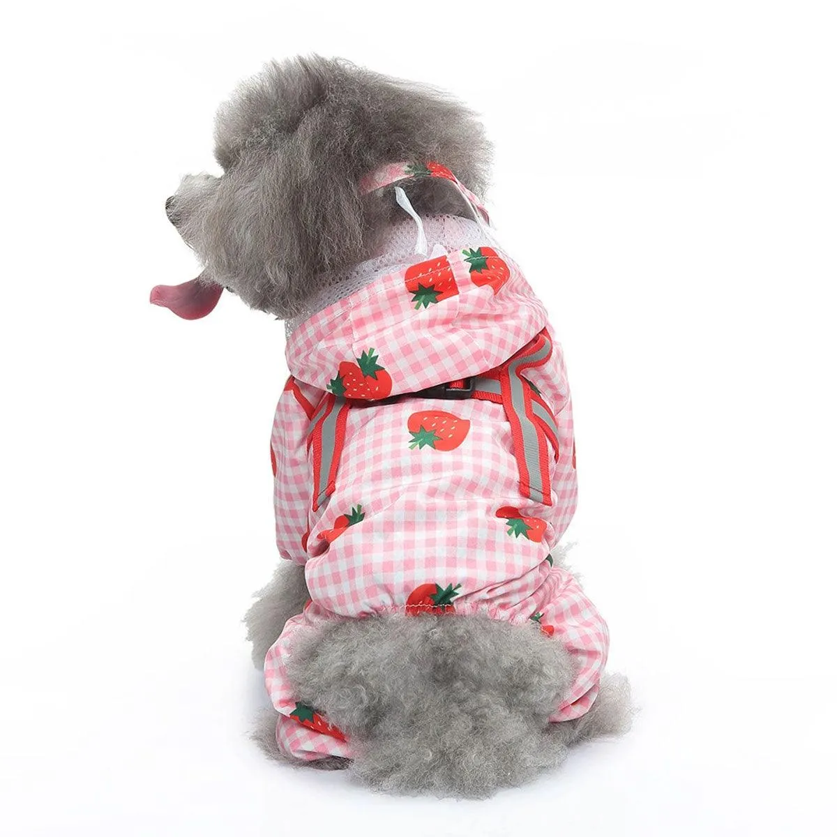 Strawberry Plaid Dog Raincoat Waterproof Pet Jacket with Hood