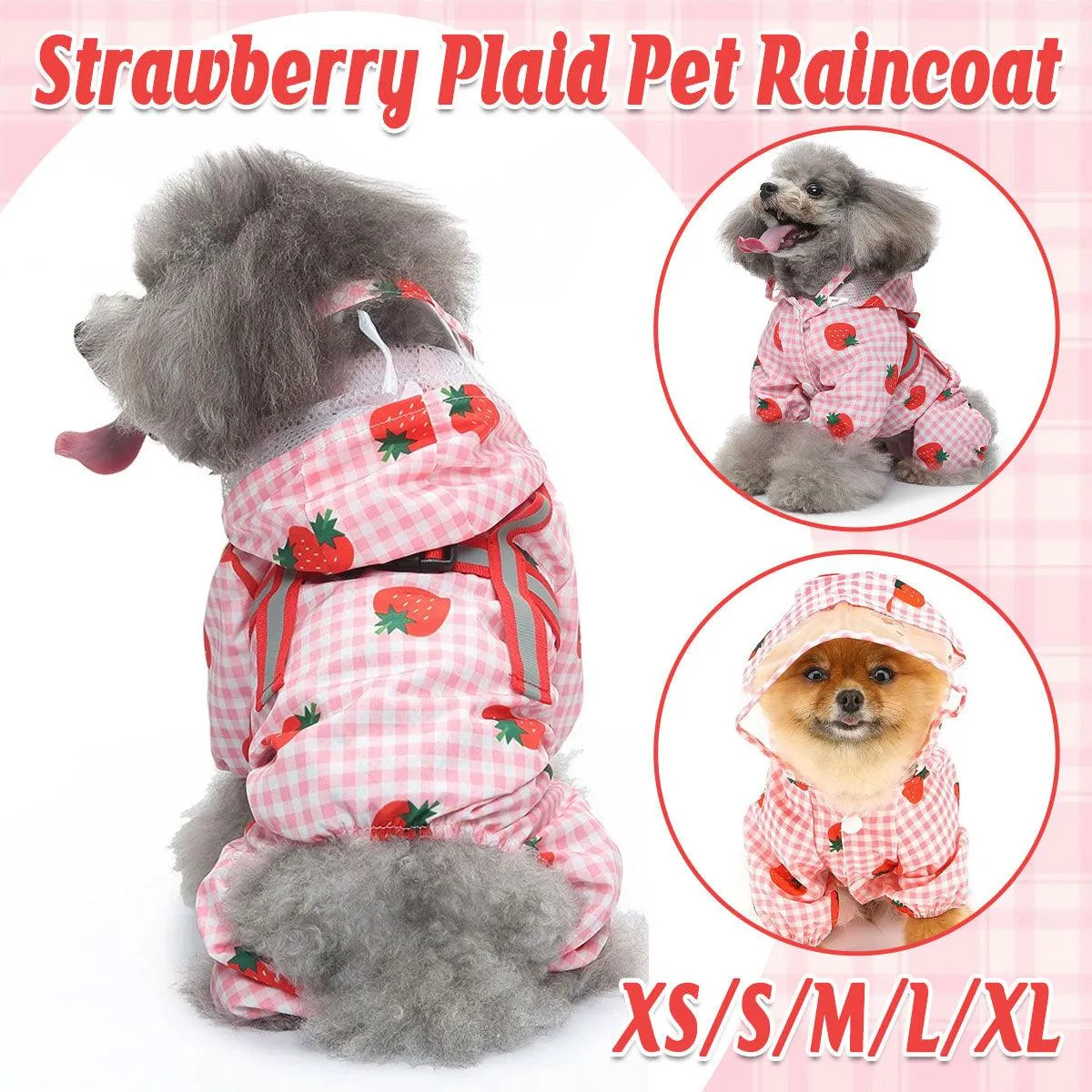 Strawberry Plaid Dog Raincoat Waterproof Pet Jacket with Hood
