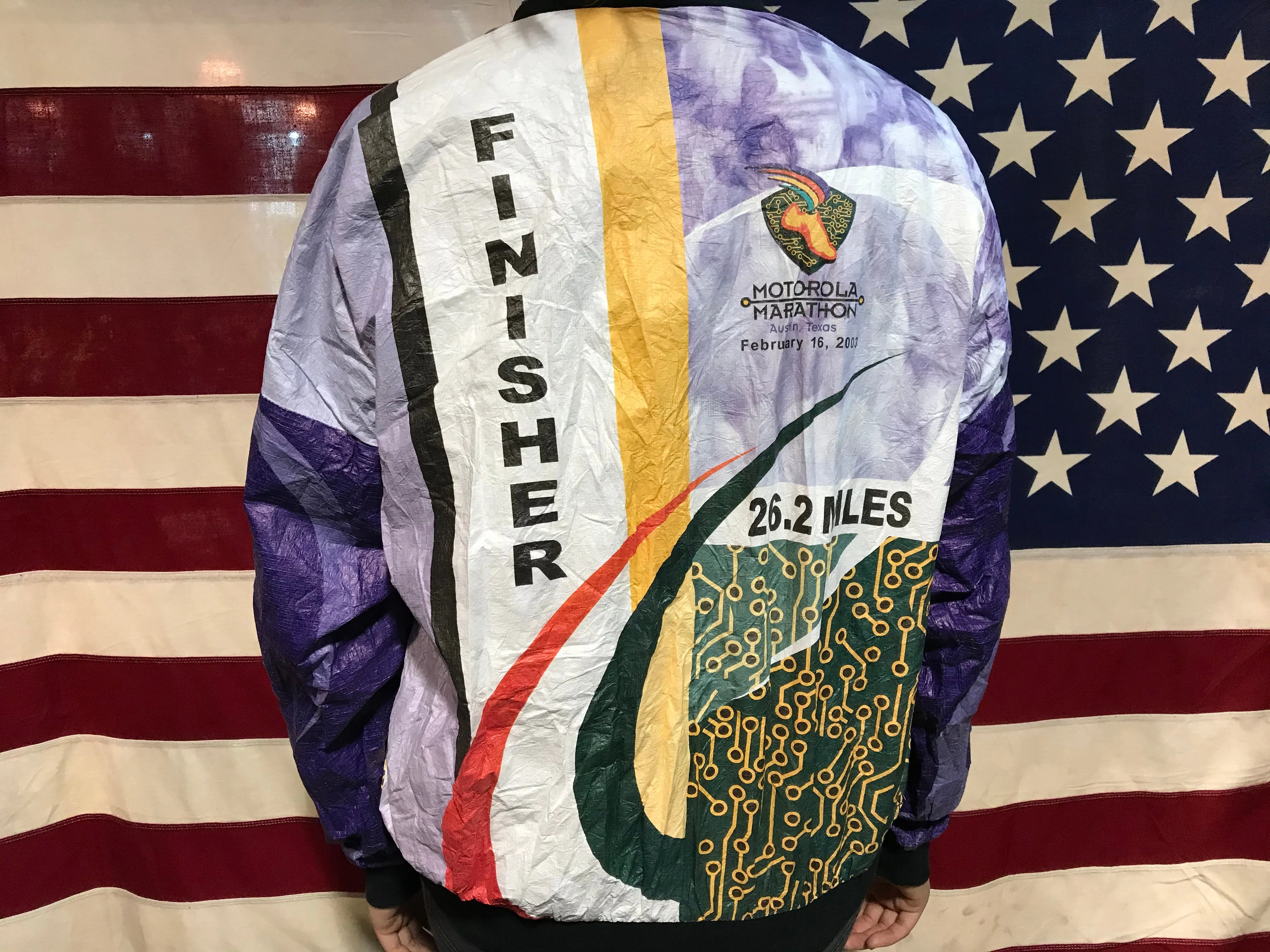 Tyvek by DuPont Vintage 2003 Motorola Marathon Texas Paper Pattern Bomber Jacket