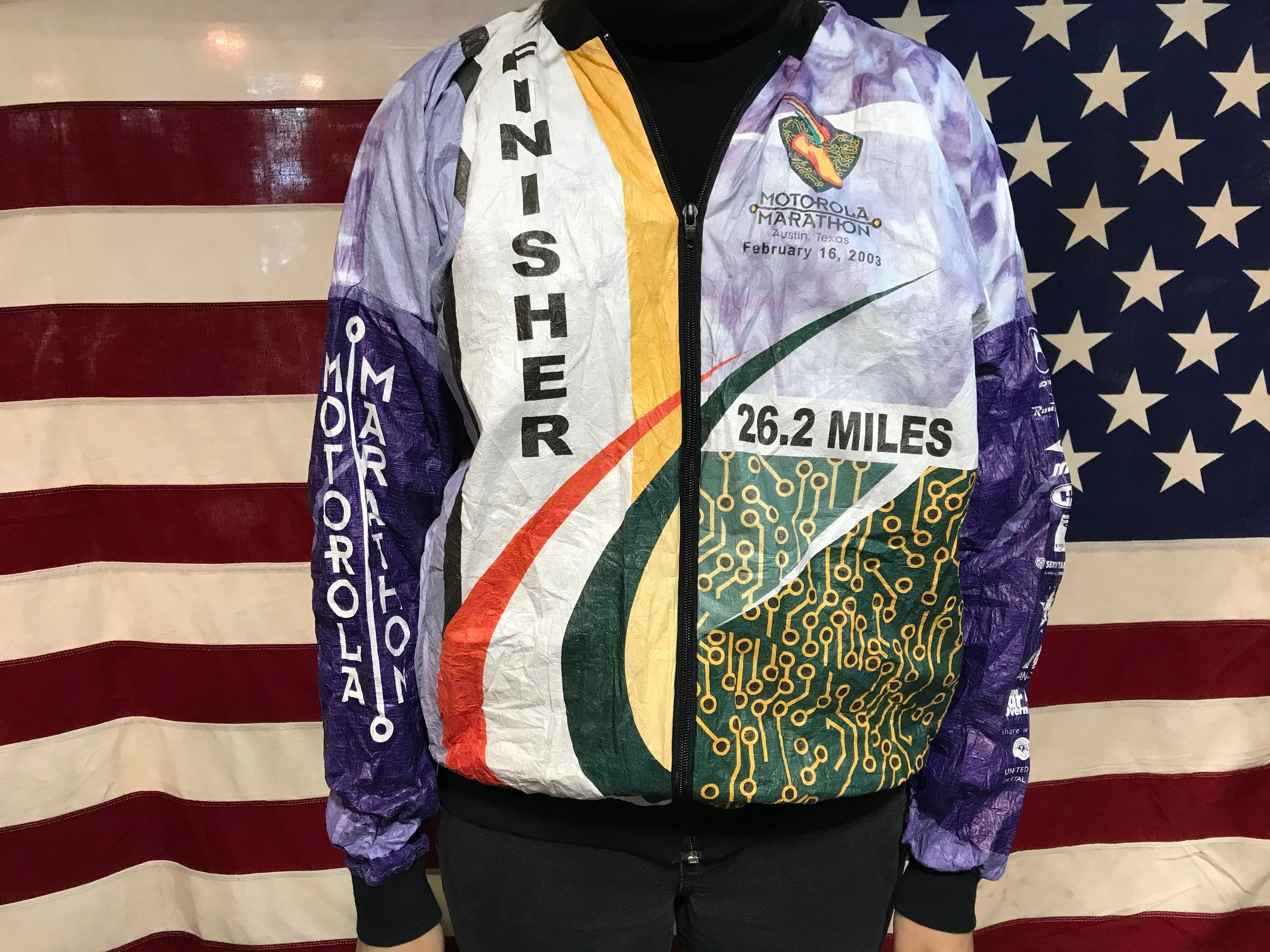 Tyvek by DuPont Vintage 2003 Motorola Marathon Texas Paper Pattern Bomber Jacket