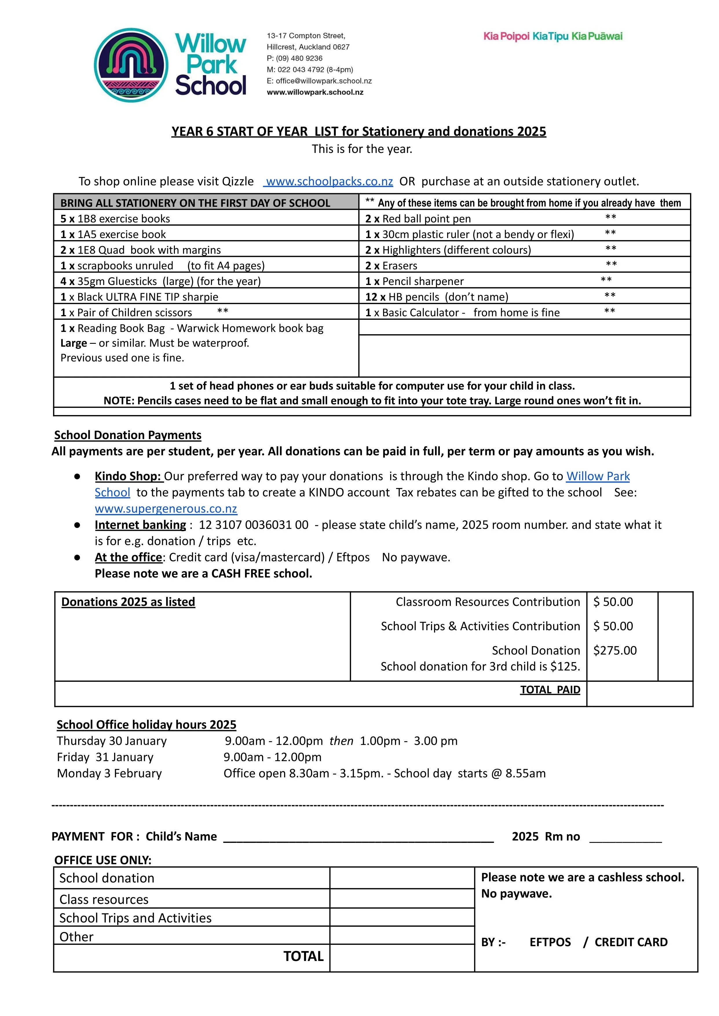 Willow Park School Stationery Pack 2025 Year 6