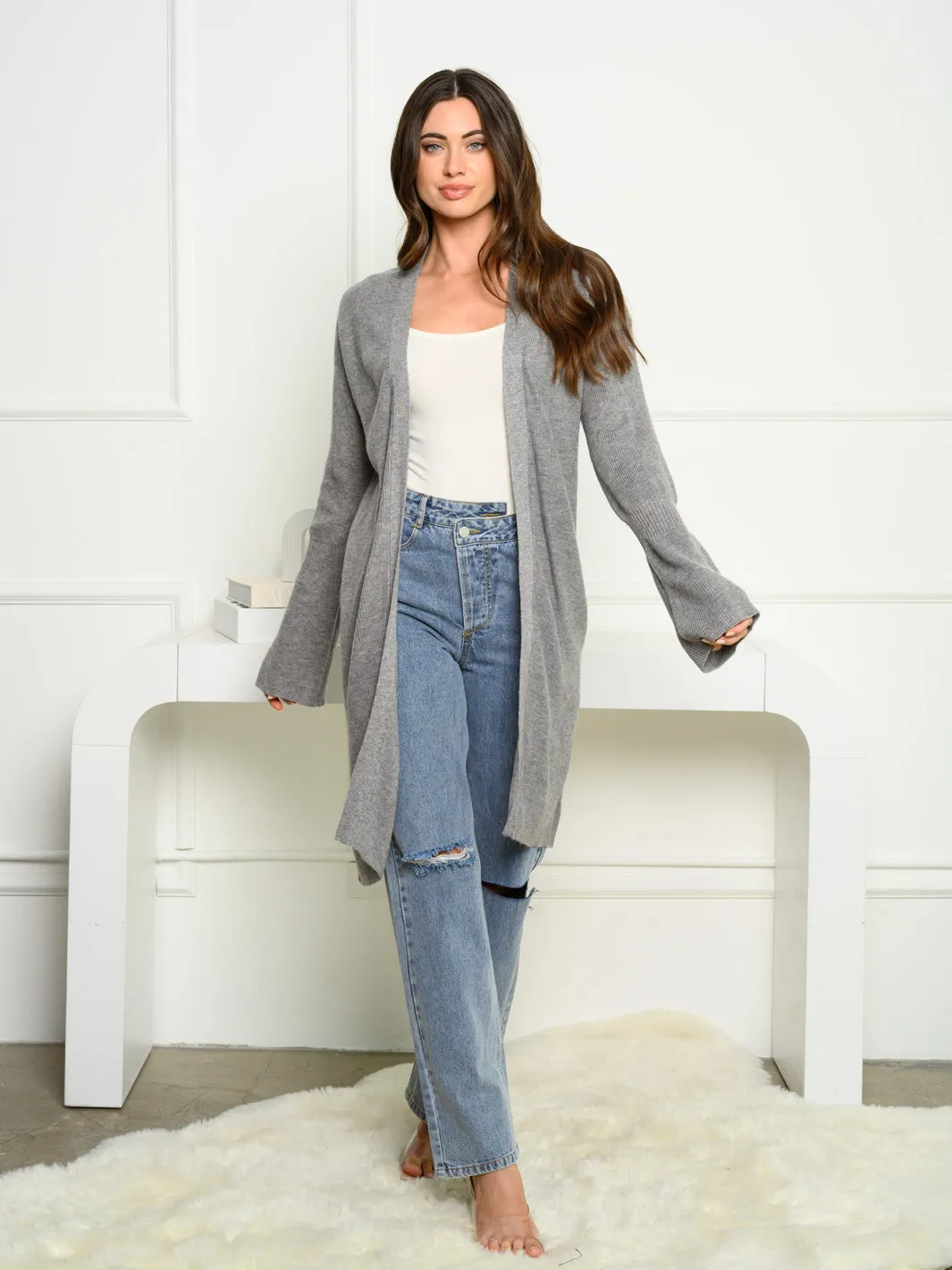 WOMEN'S LONG BELL SLEEVE OPEN FRONT LONG CARDIGAN