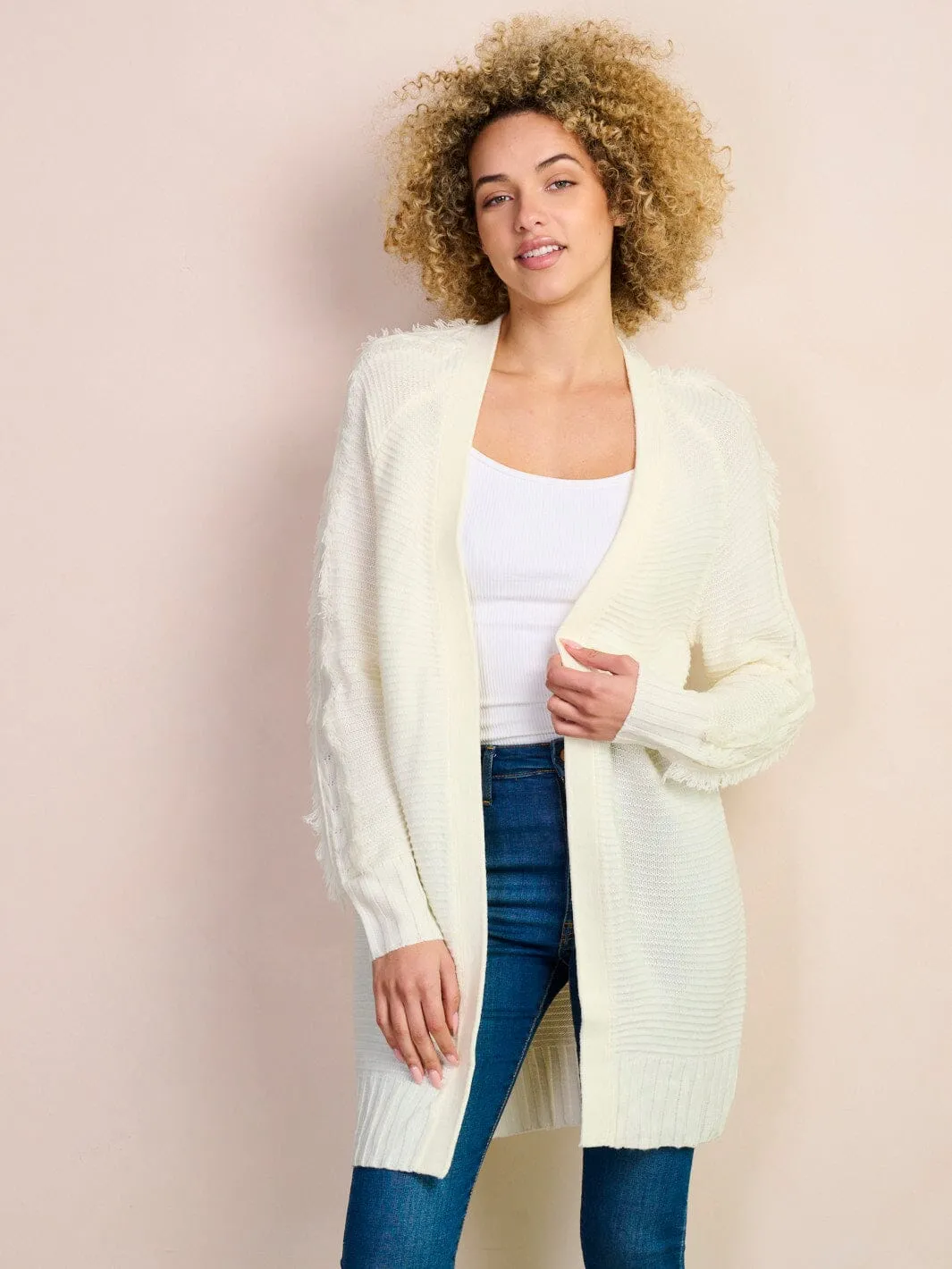 WOMEN'S LONG FRINGE SLEEVE OPEN FRONT RIBBED CARDIGAN