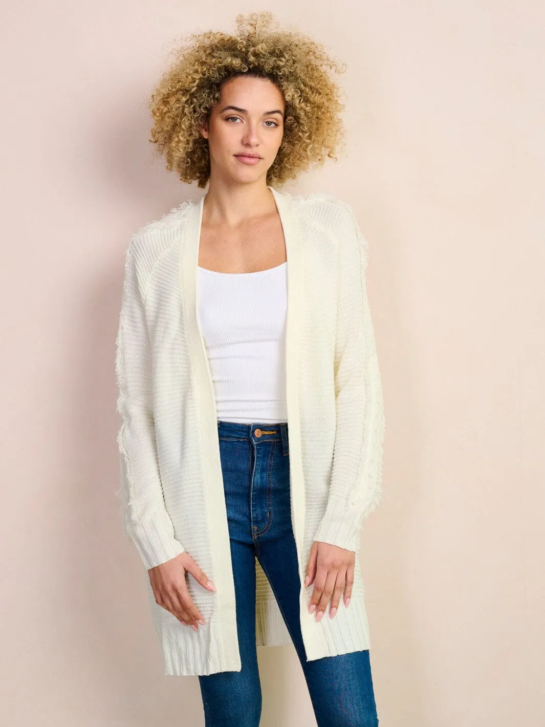 WOMEN'S LONG FRINGE SLEEVE OPEN FRONT RIBBED CARDIGAN