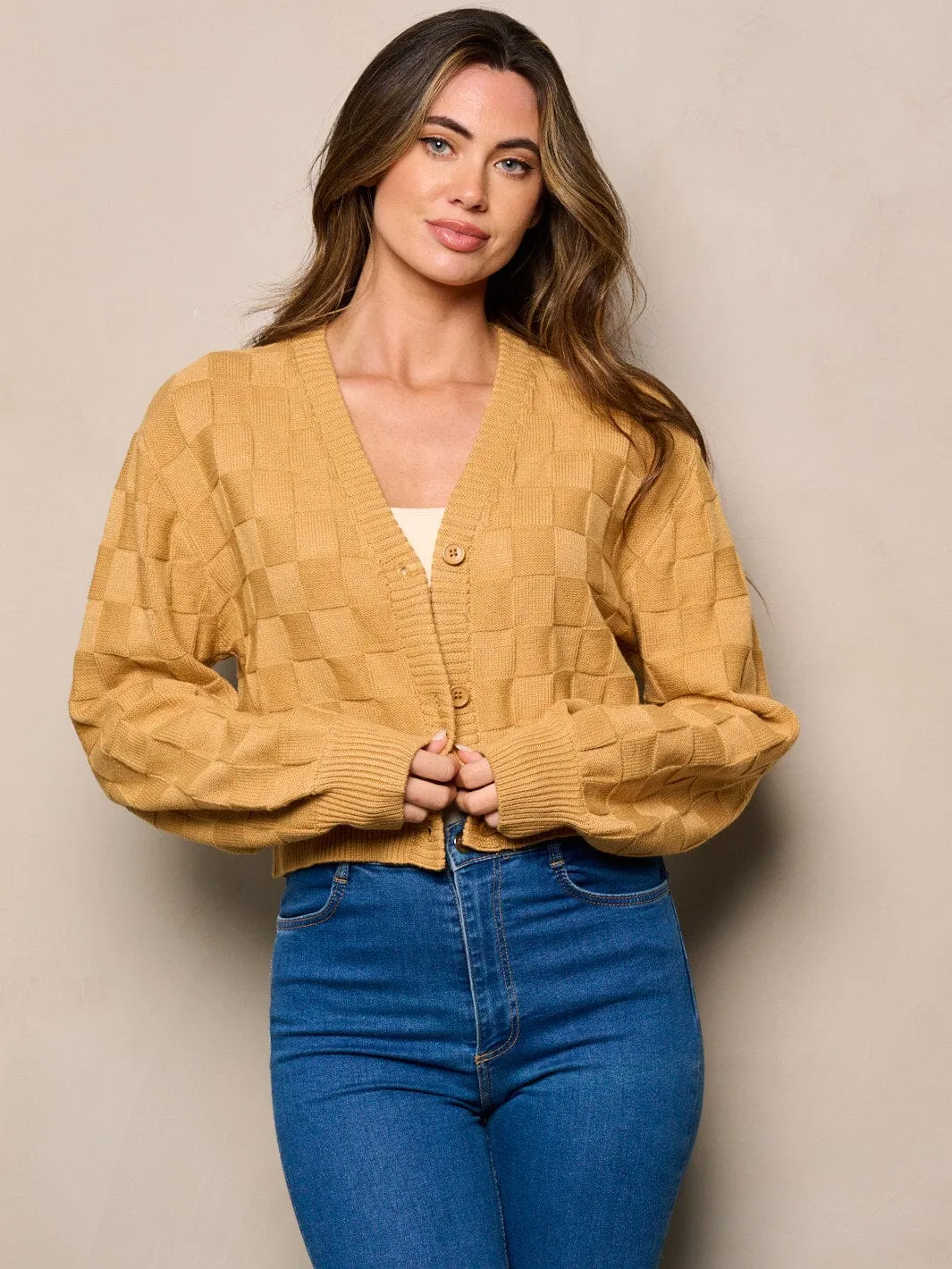 WOMEN'S LONG PUFF SLEEVE BUTTON UP DETAILED CARDIGAN
