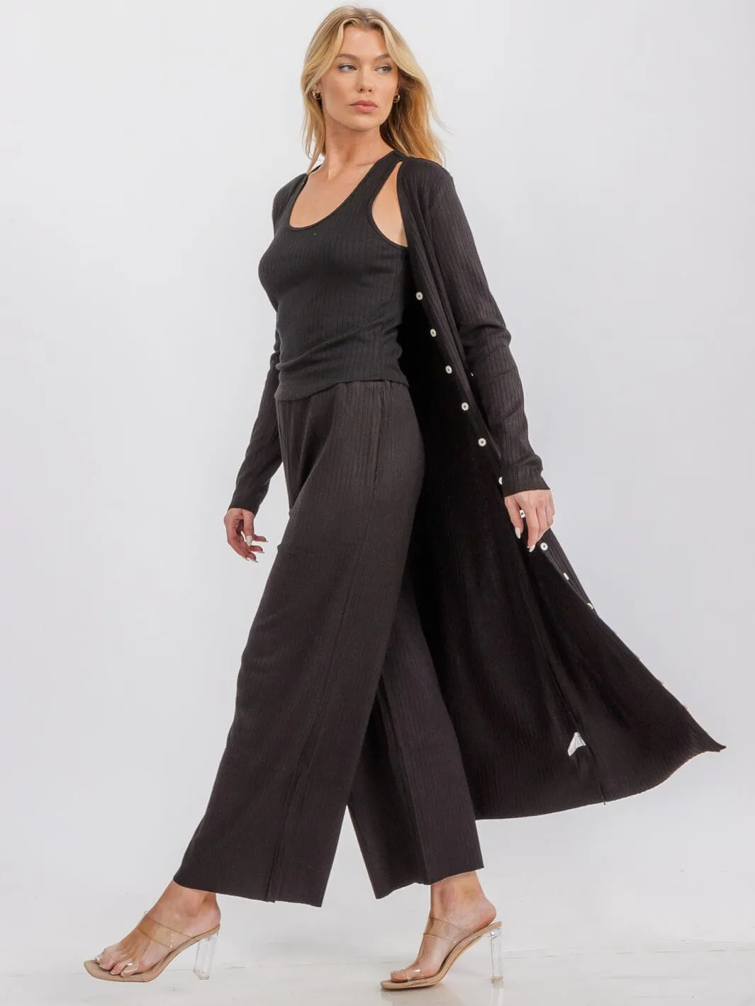 WOMEN'S LONG SLEEVE BUTTON UP RIBBED CARDIGAN