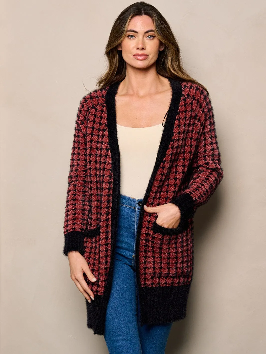 WOMEN'S LONG SLEEVES OPEN FRONT POCKETS FUZZY COLORBLOCK CARDIGAN