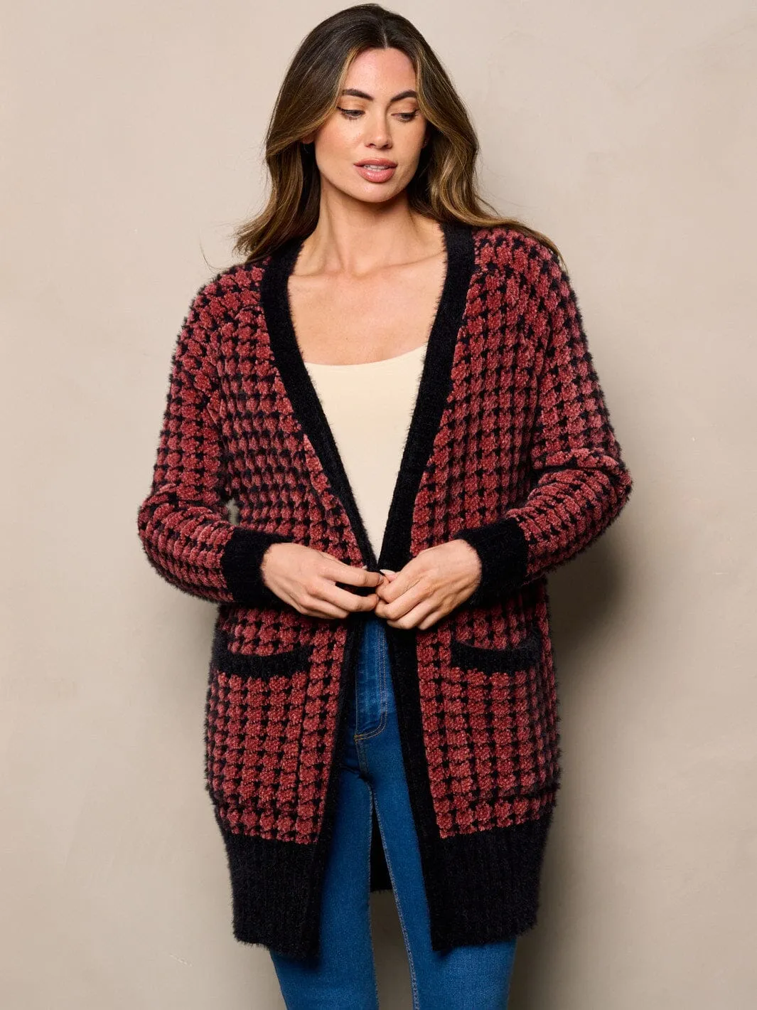 WOMEN'S LONG SLEEVES OPEN FRONT POCKETS FUZZY COLORBLOCK CARDIGAN