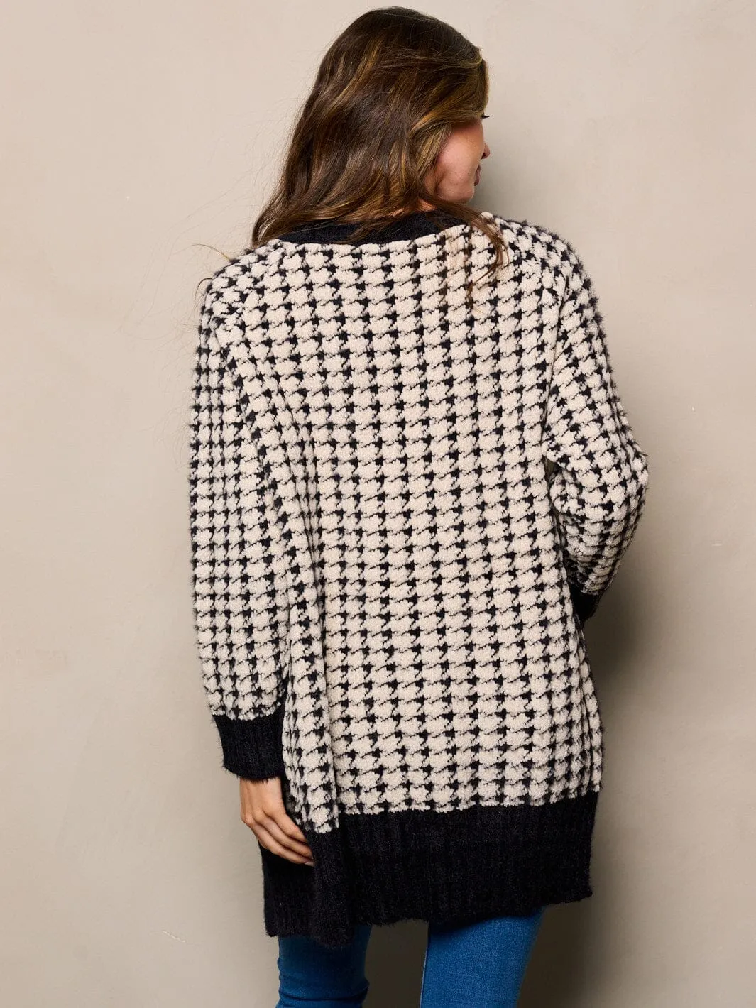 WOMEN'S LONG SLEEVES OPEN FRONT POCKETS FUZZY COLORBLOCK CARDIGAN