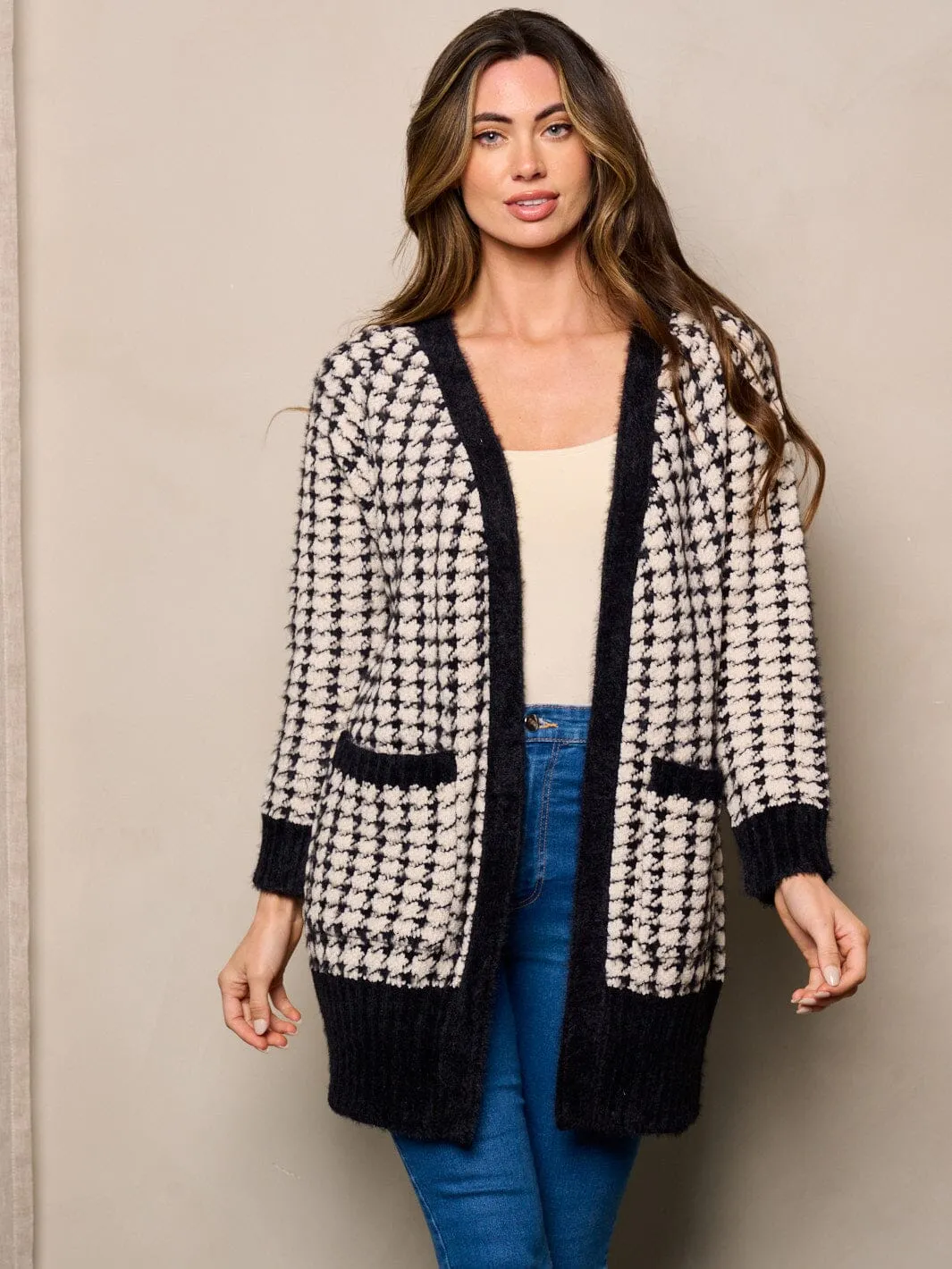 WOMEN'S LONG SLEEVES OPEN FRONT POCKETS FUZZY COLORBLOCK CARDIGAN