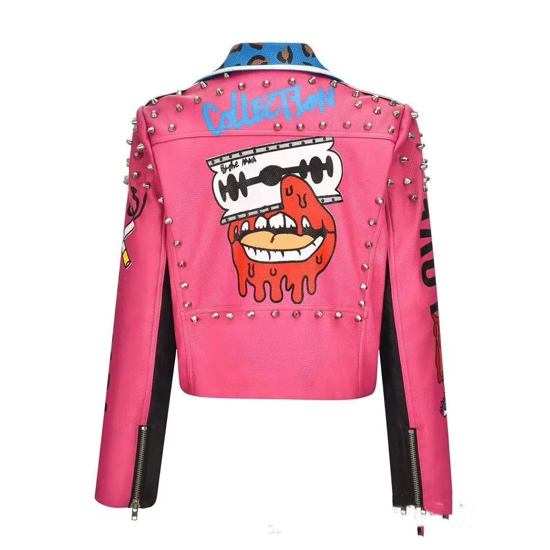 Women's New Letter Printing Rivet Motorcycle Jacket.