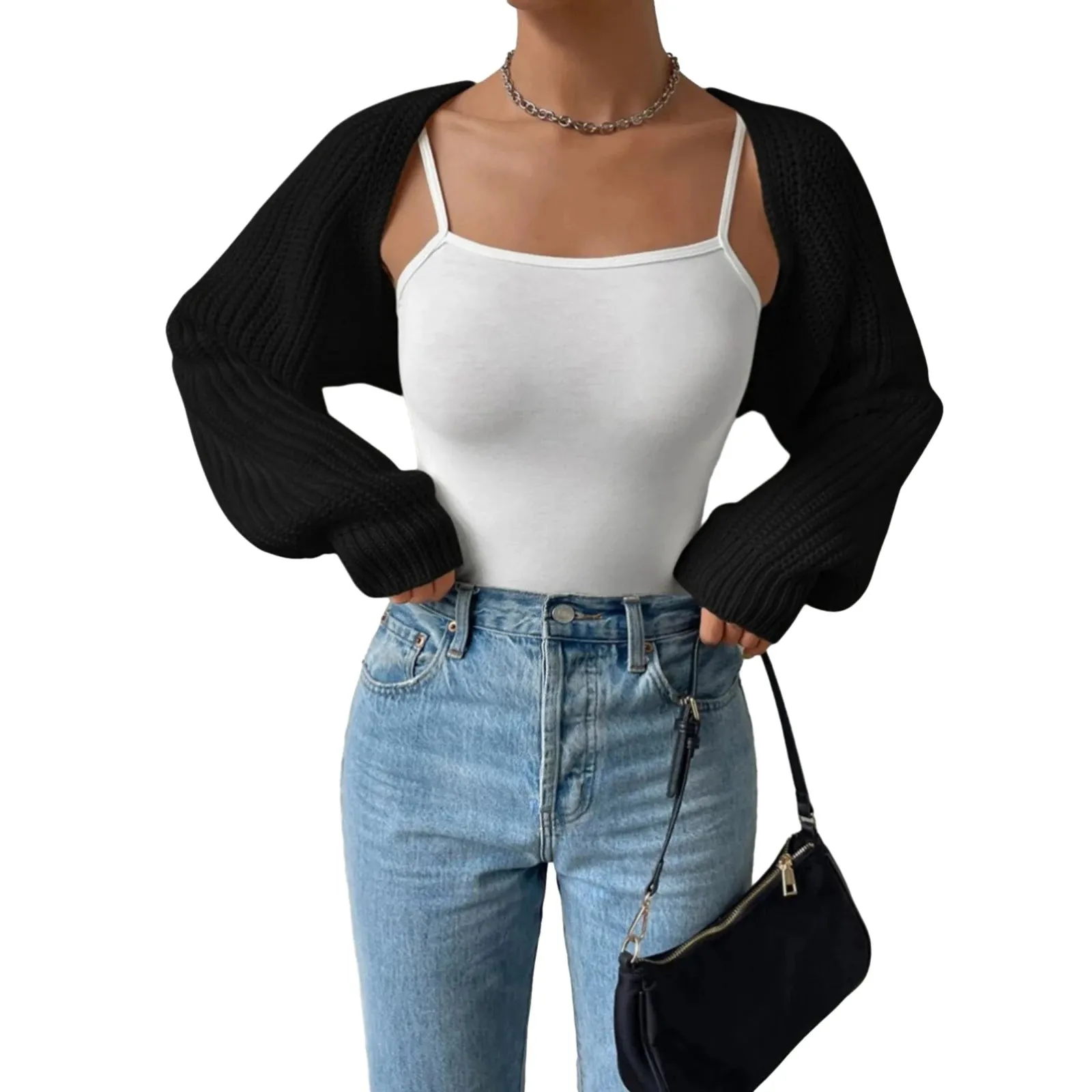 Women’s Open Front Cropped Cardigan Sweater – Ribbed Knit Bolero
