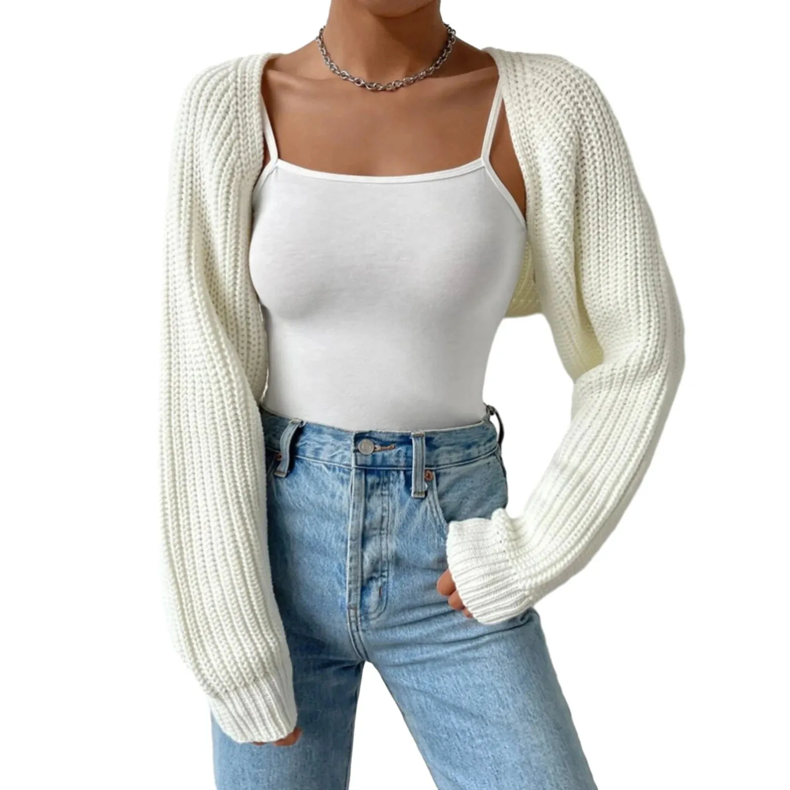 Women’s Open Front Cropped Cardigan Sweater – Ribbed Knit Bolero