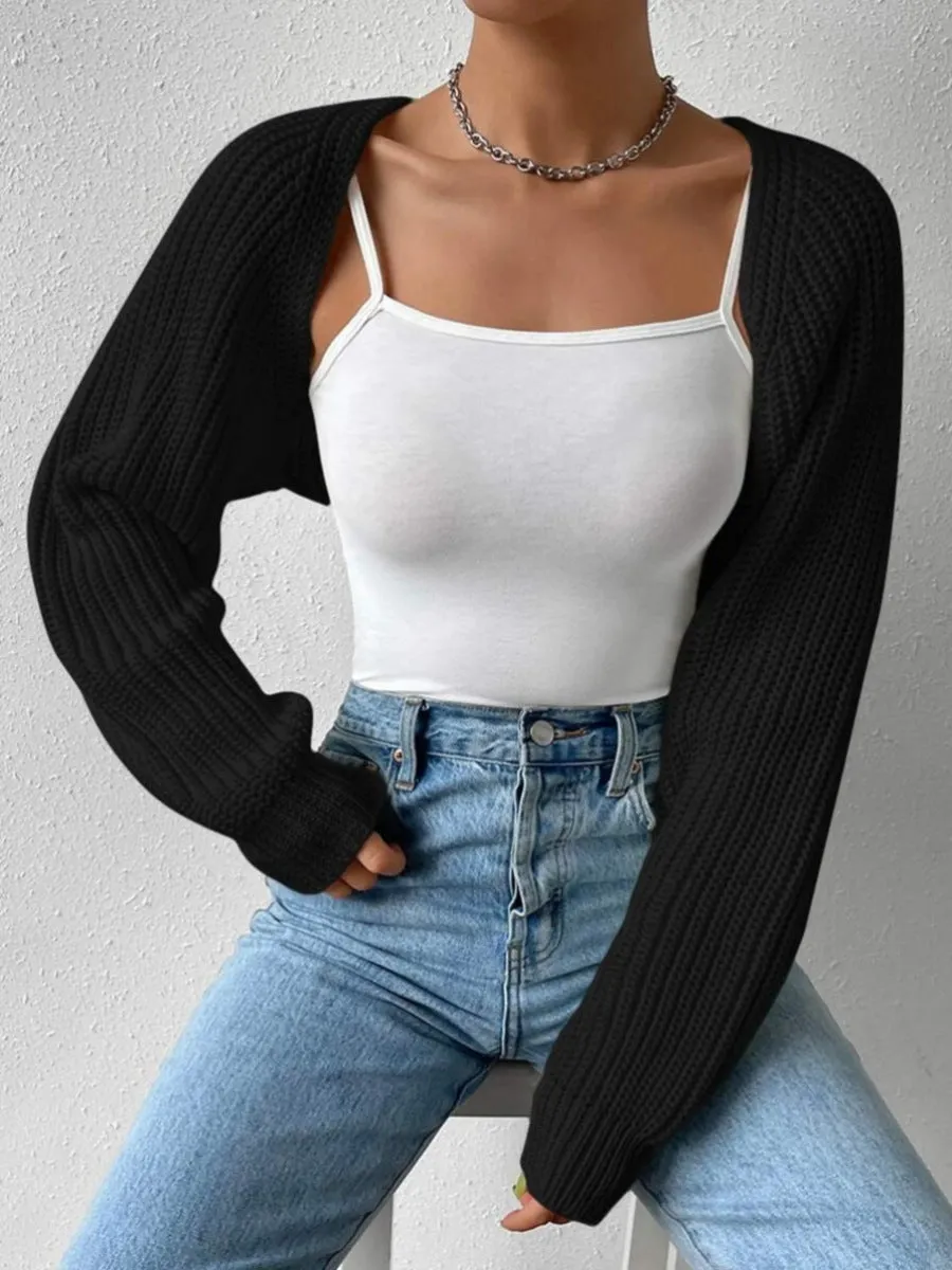 Women’s Open Front Cropped Cardigan Sweater – Ribbed Knit Bolero