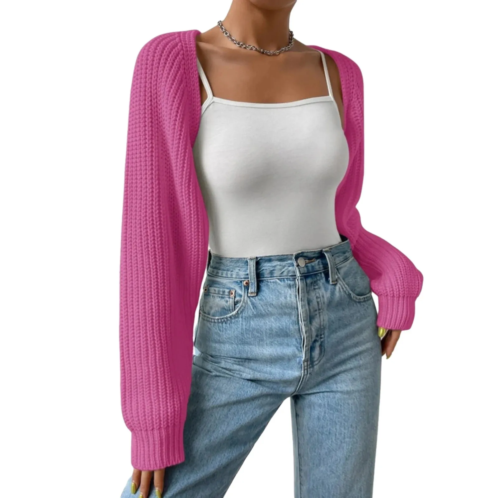 Women’s Open Front Cropped Cardigan Sweater – Ribbed Knit Bolero