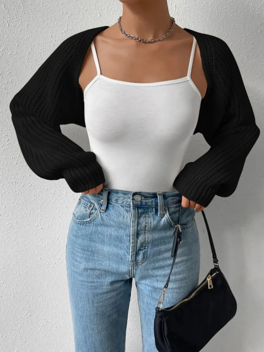 Women’s Open Front Cropped Cardigan Sweater – Ribbed Knit Bolero