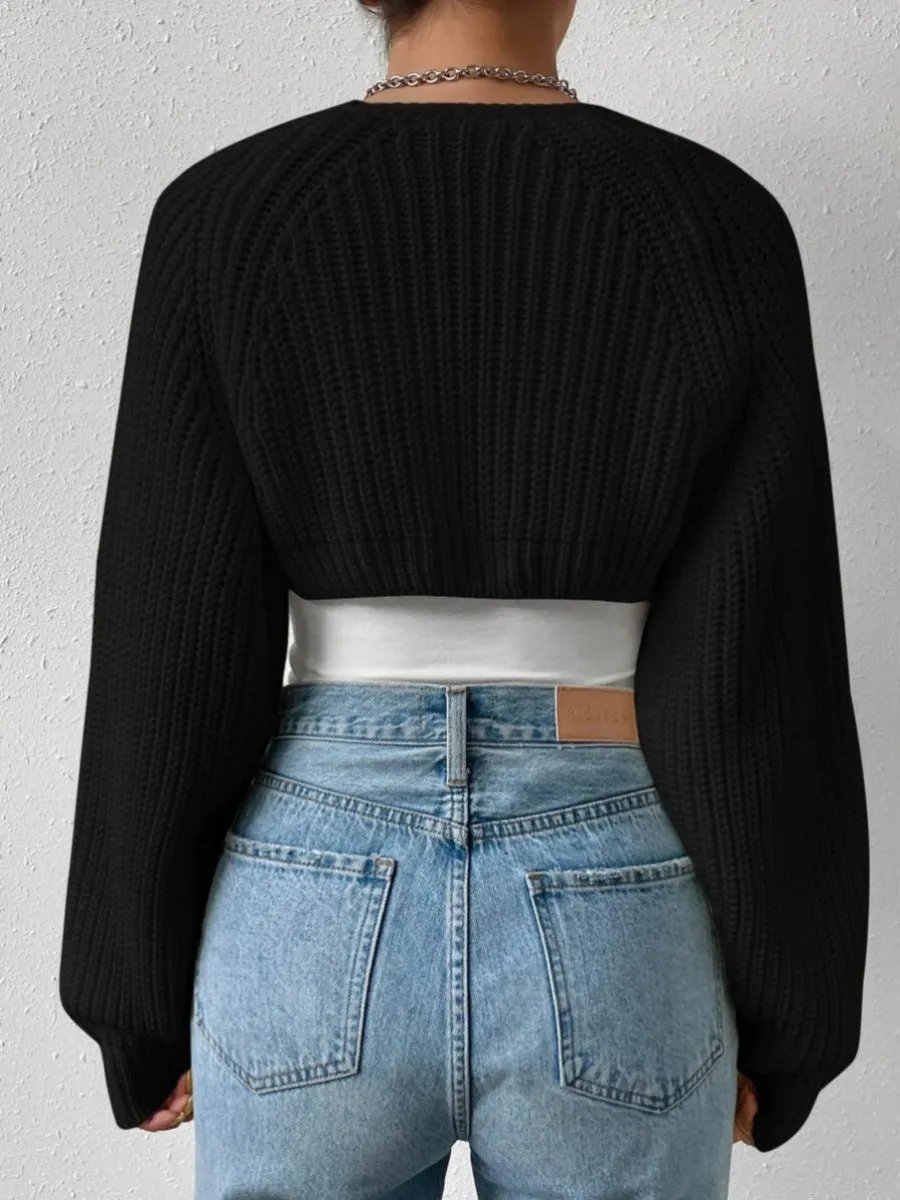 Women’s Open Front Cropped Cardigan Sweater – Ribbed Knit Bolero
