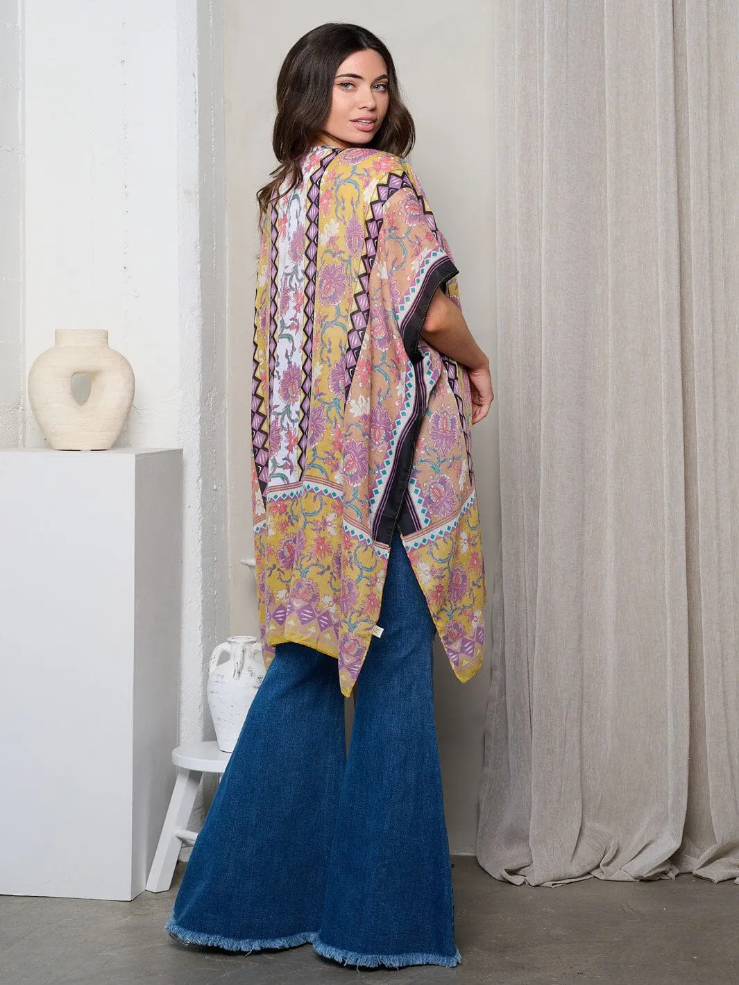 WOMEN'S SHORT SLEEVE OPEN FRONT FLOWERS PRINT KIMONO