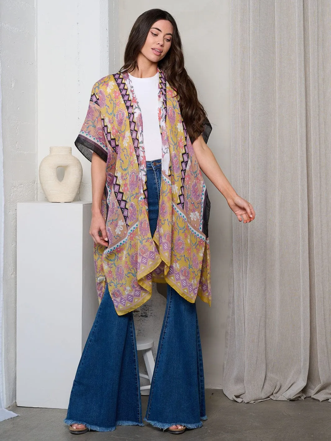 WOMEN'S SHORT SLEEVE OPEN FRONT FLOWERS PRINT KIMONO