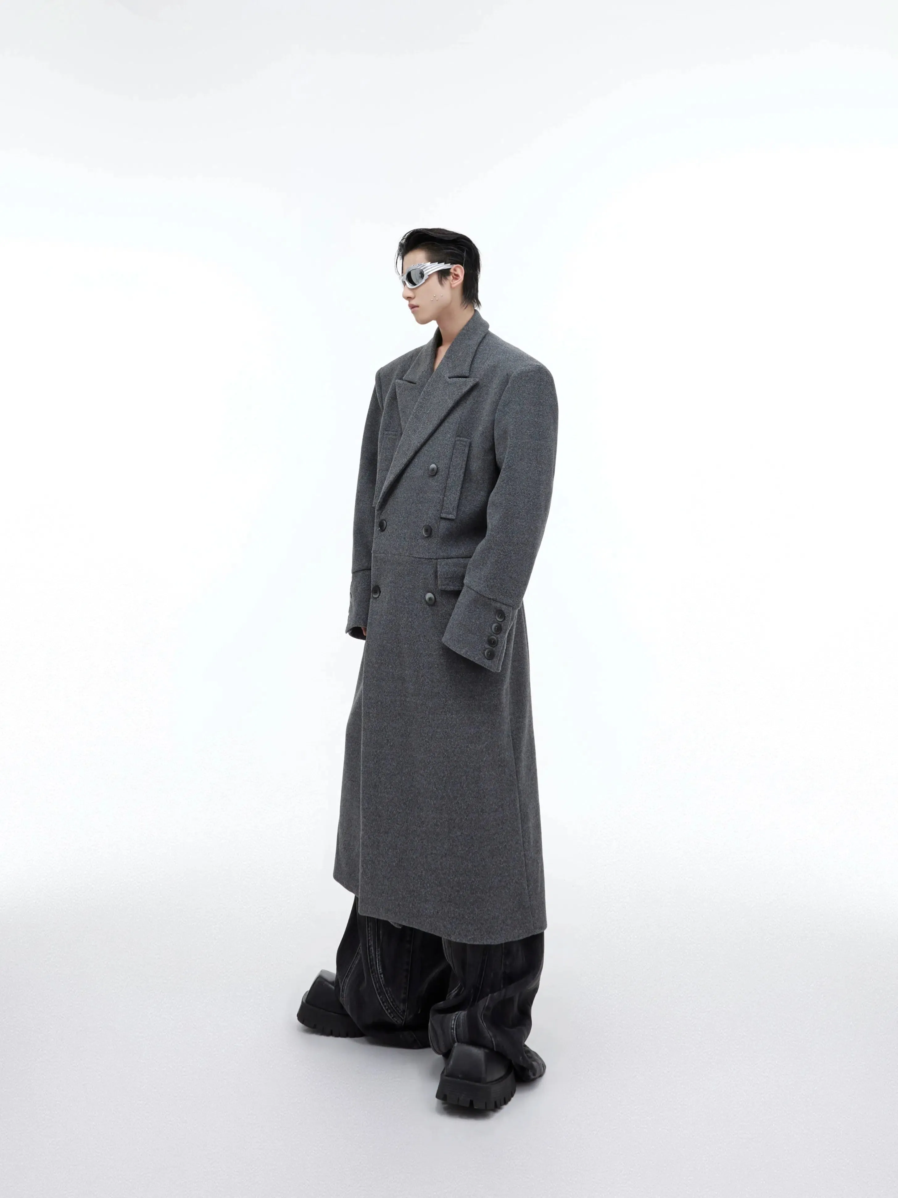 Wool Shoulder Pad Long Windbreaker