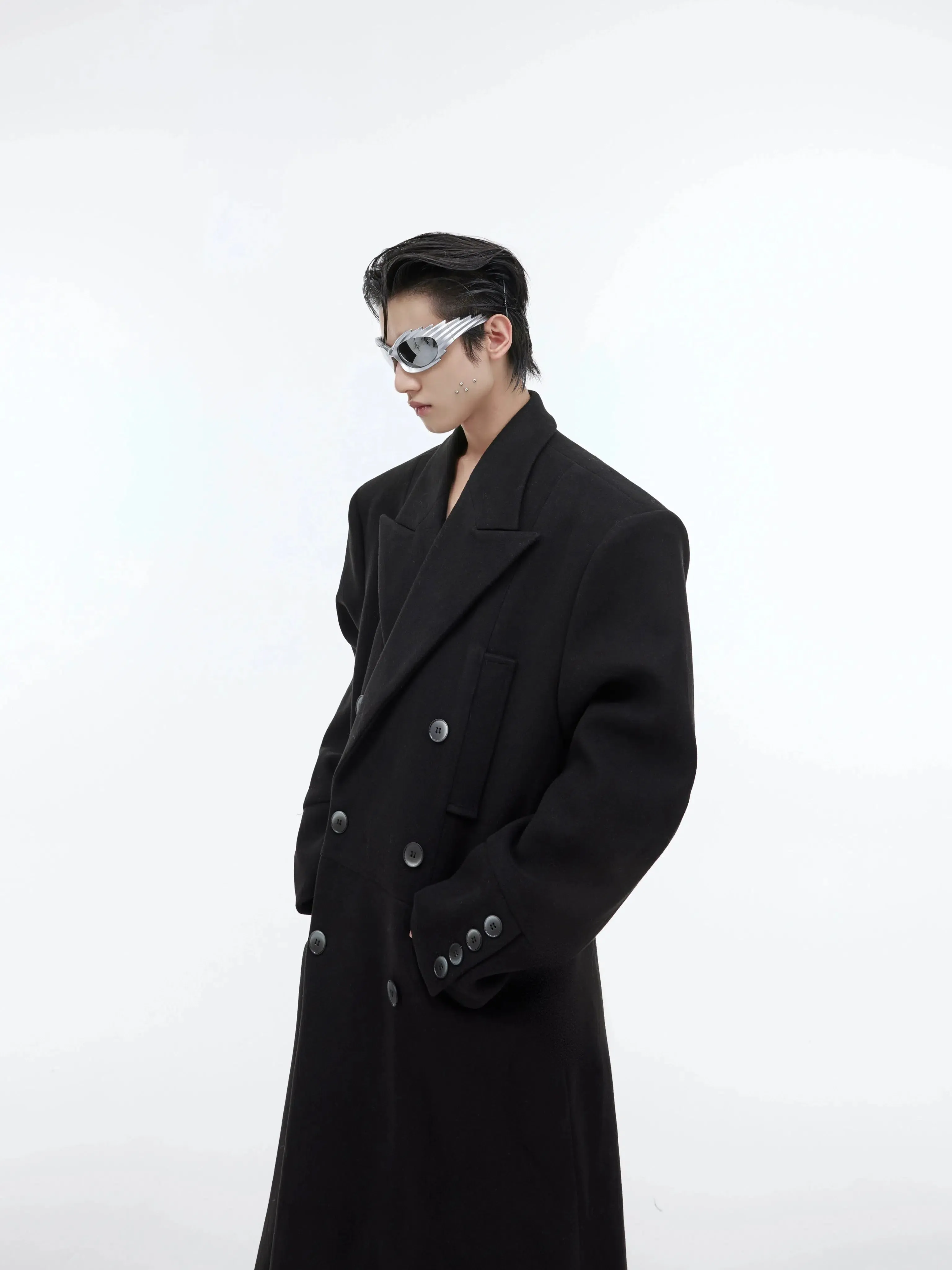 Wool Shoulder Pad Long Windbreaker
