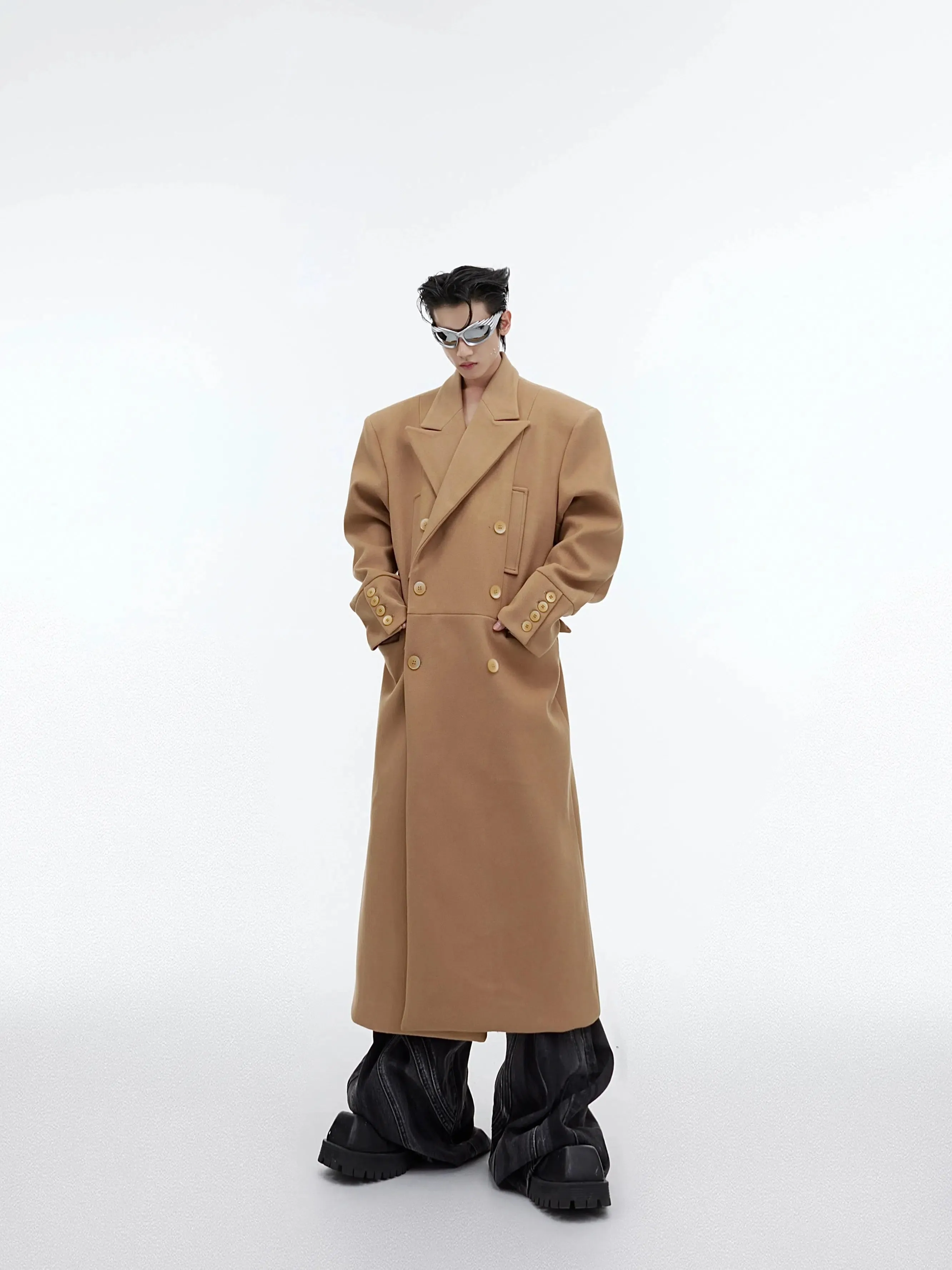 Wool Shoulder Pad Long Windbreaker