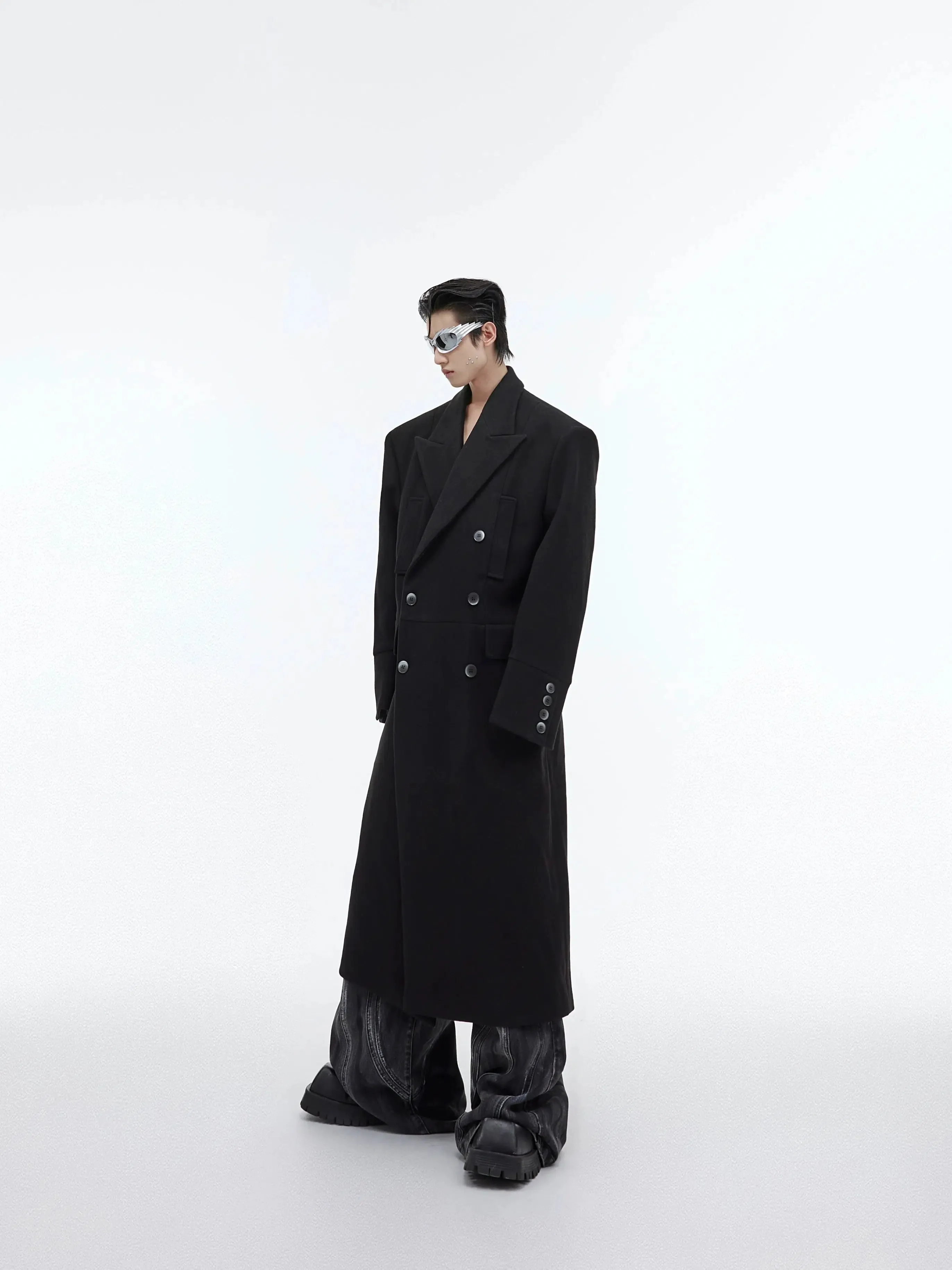 Wool Shoulder Pad Long Windbreaker