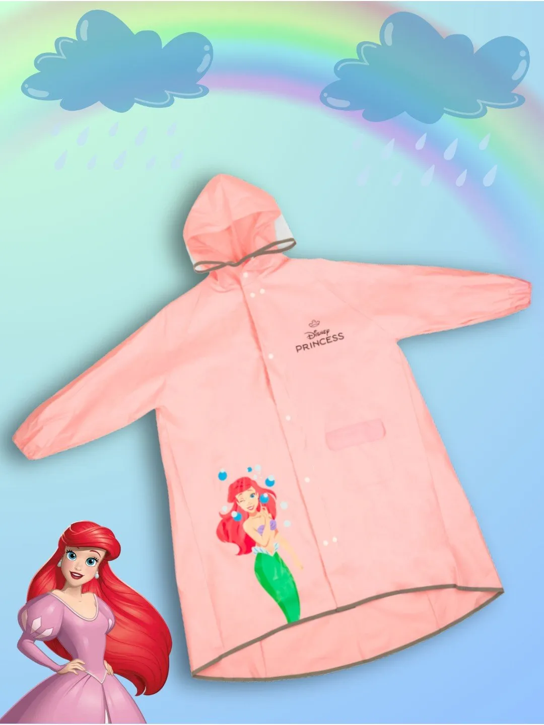 Yellow Bee Girls' Pink Disney Raincoat Featuring with Ariel, Belle, Cinderella, Aurora Design