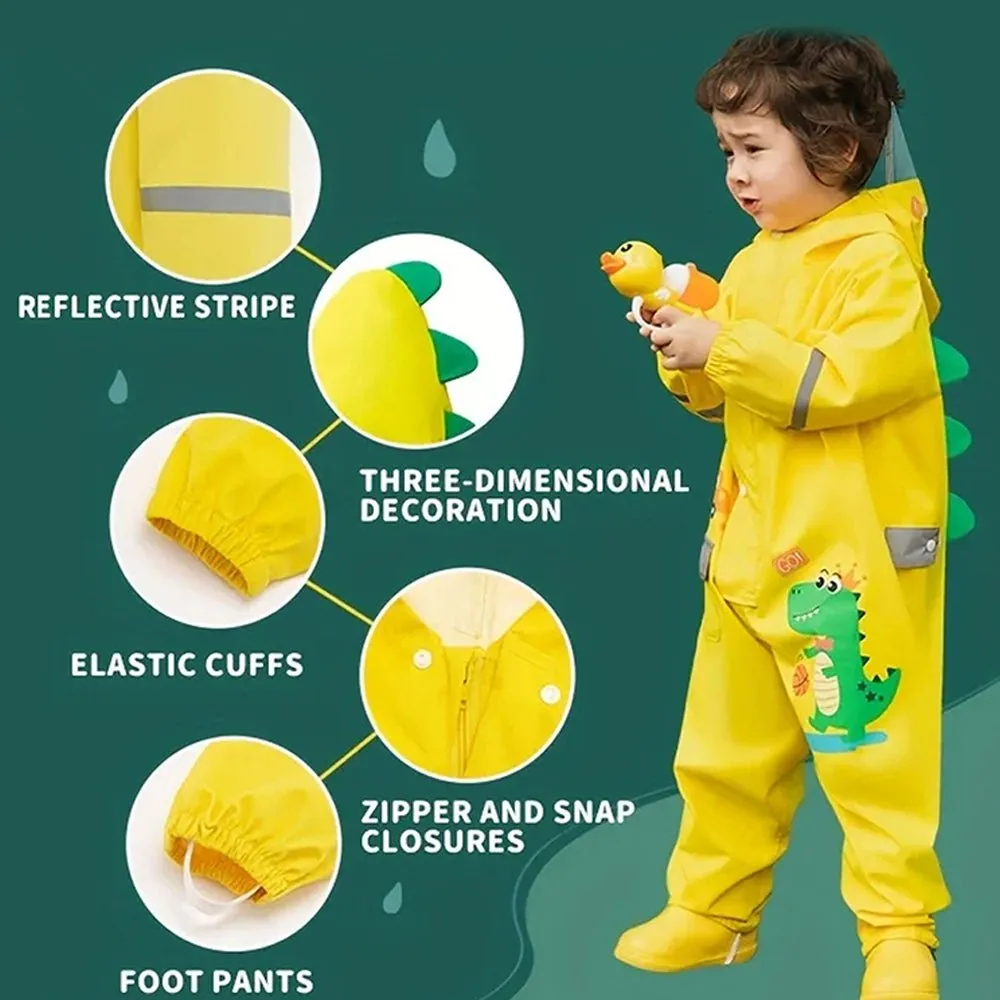 Yellow Parachute Dino theme full Jumpsuit Style Raincoat for Toddlers and Kids