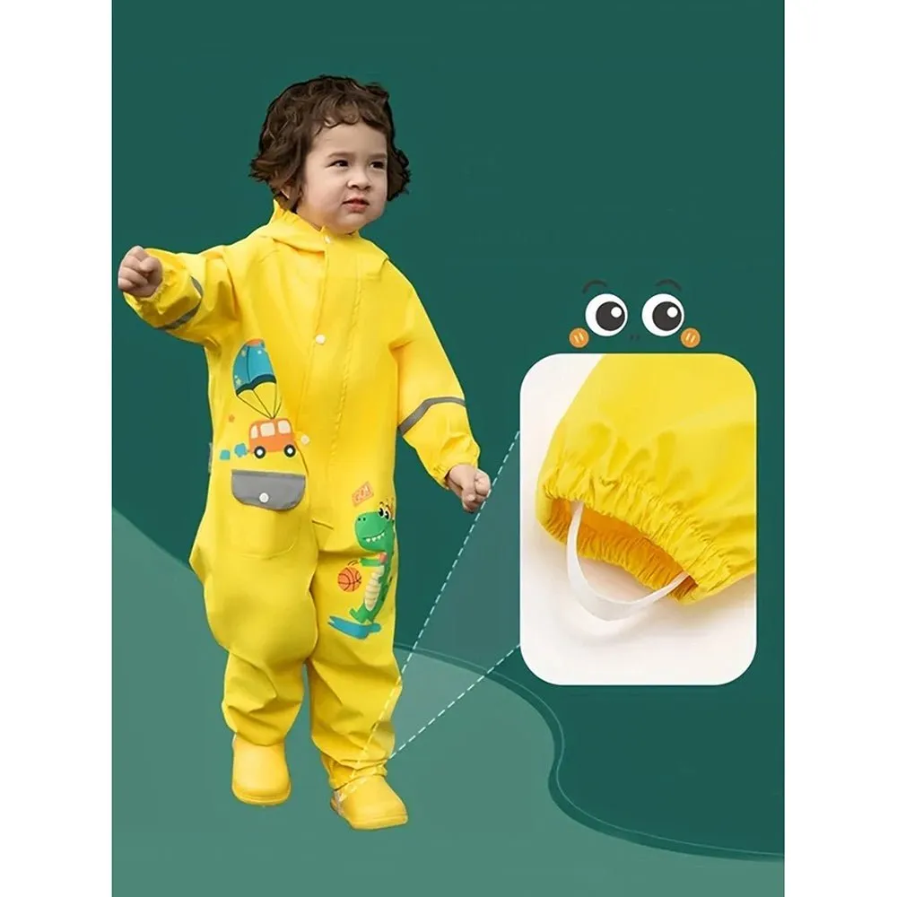 Yellow Parachute Dino theme full Jumpsuit Style Raincoat for Toddlers and Kids