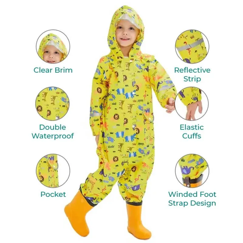 Yellow Safari Kingdom Theme All Over Jumpsuit / Playsuit Raincoat for Kids